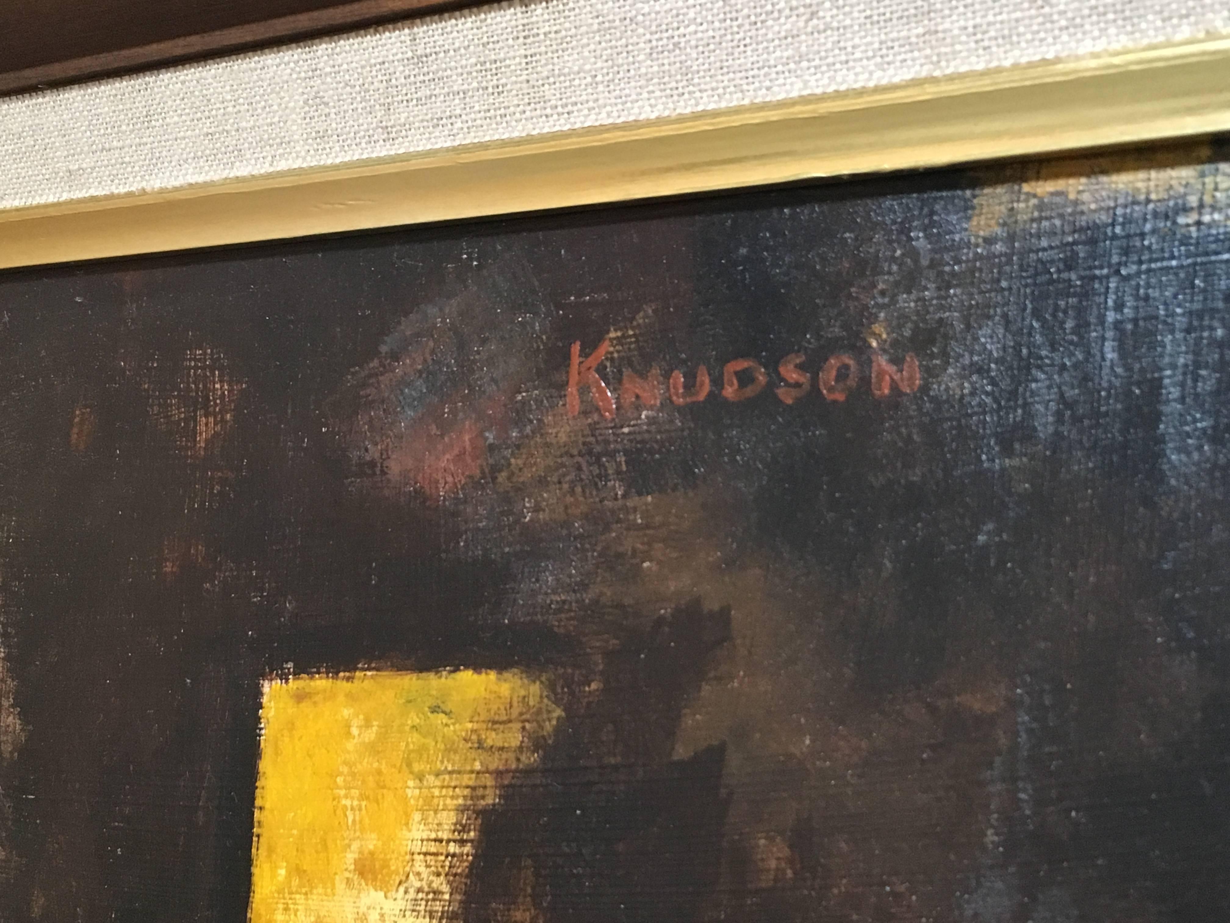 Mid-Century Modern Surrealist Painting on Board Signed Knudson