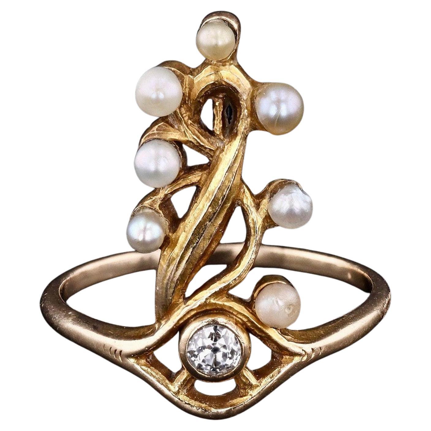 Surrealist Pearl and Diamond Eye Ring of 14k Gold For Sale