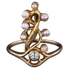 Surrealistischer Perlen- und Diamant-Augenring aus 14k Gold