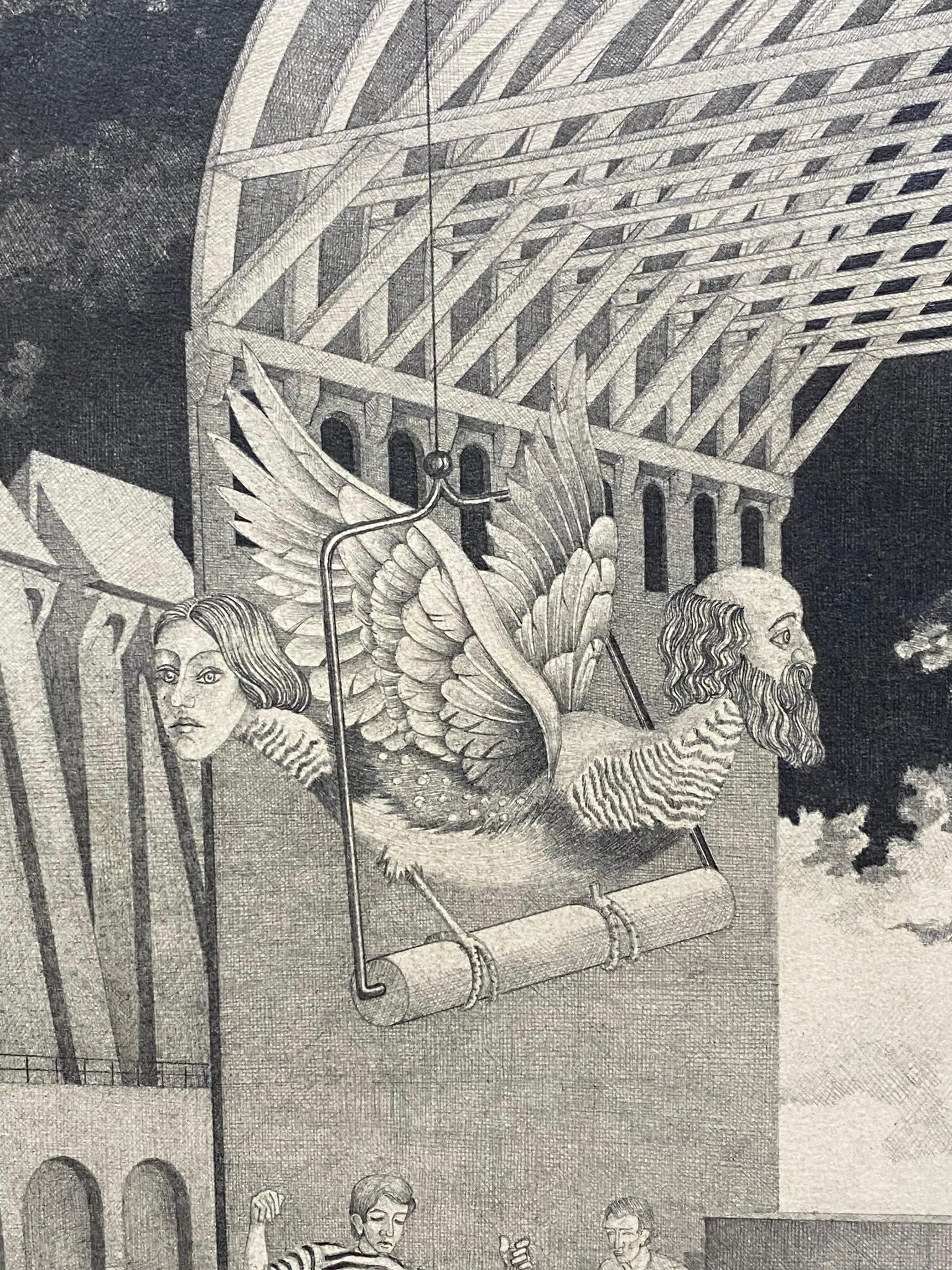 Surrealist Pen and Ink Drawing Homage to M.C. Escher by Petru Vintila  For Sale 2