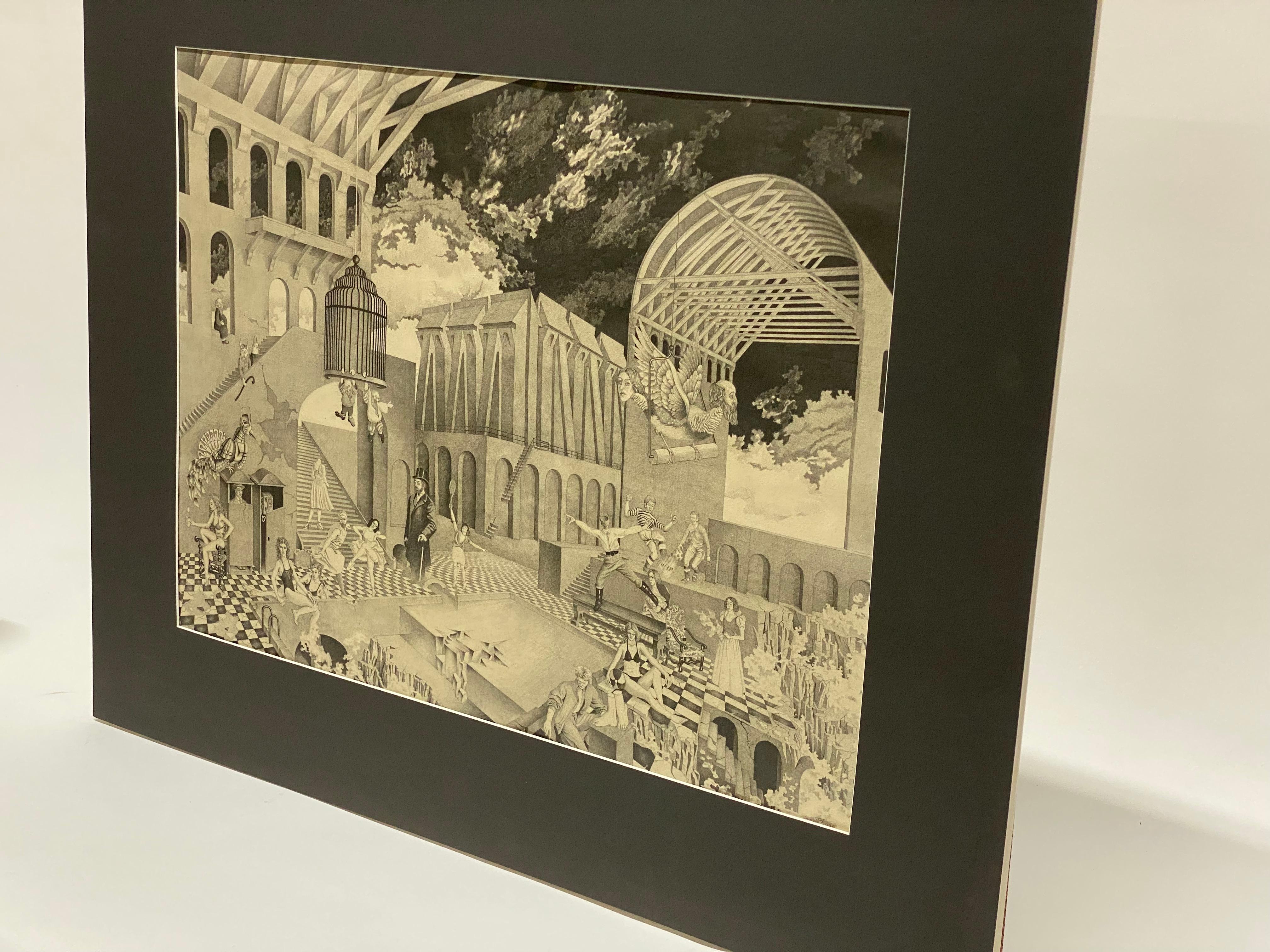 Surrealistische Federzeichnung Hommage an M.C. Escher von Petru Vintila  (Postmoderne) im Angebot