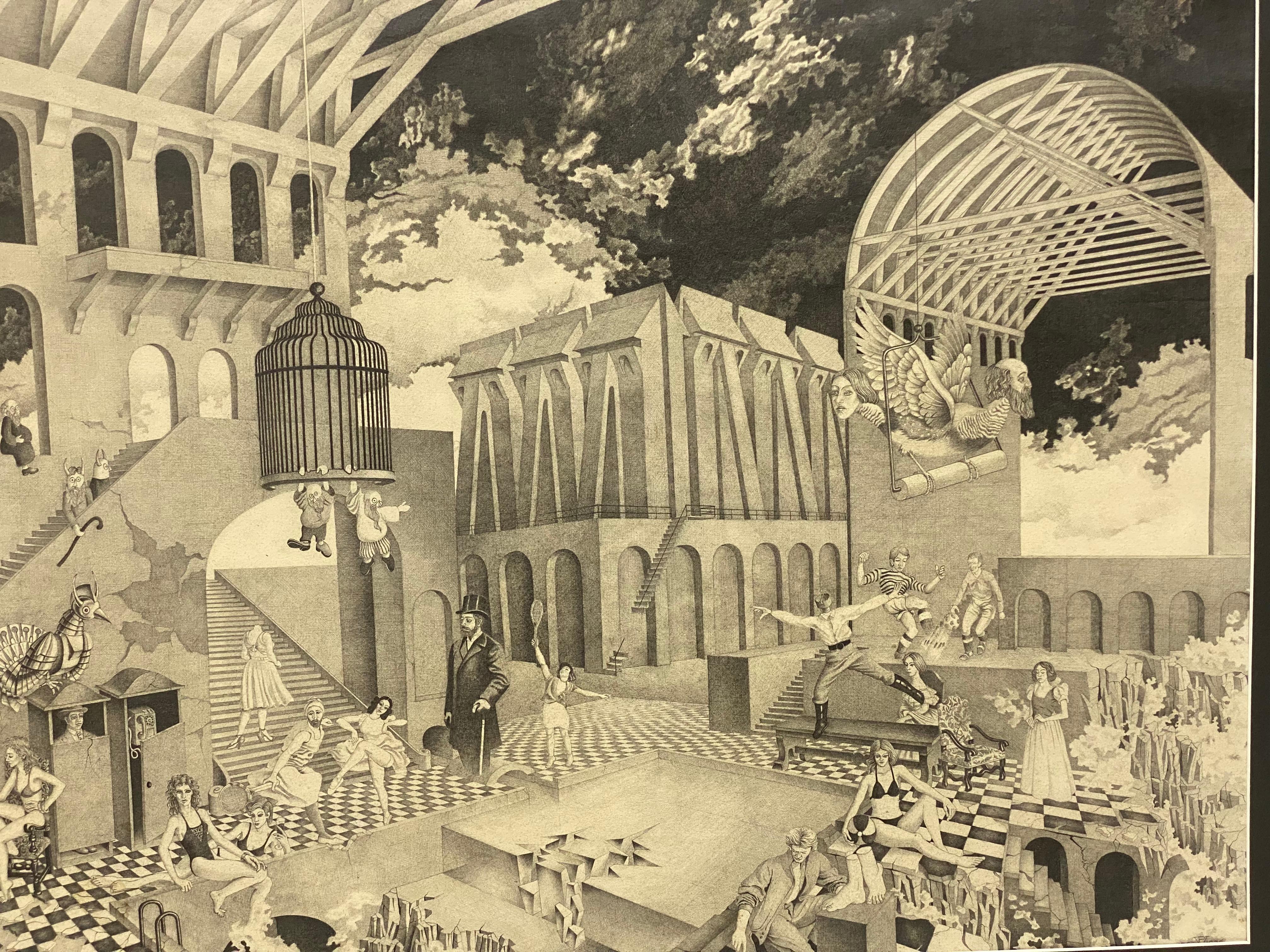 Surrealistische Federzeichnung Hommage an M.C. Escher von Petru Vintila  (Rumänisch) im Angebot