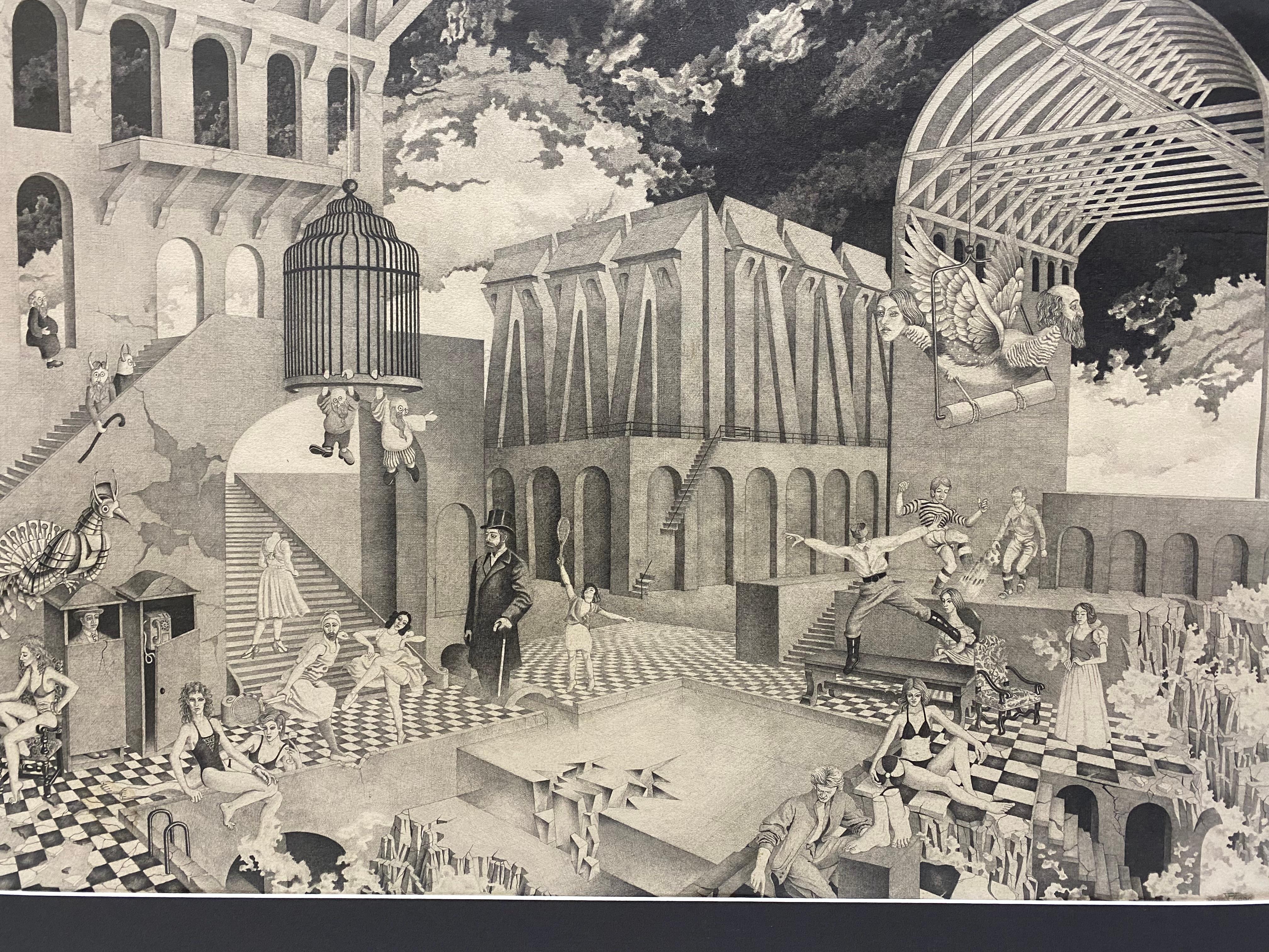 Surrealistische Federzeichnung Hommage an M.C. Escher von Petru Vintila  im Zustand „Gut“ im Angebot in Garnerville, NY