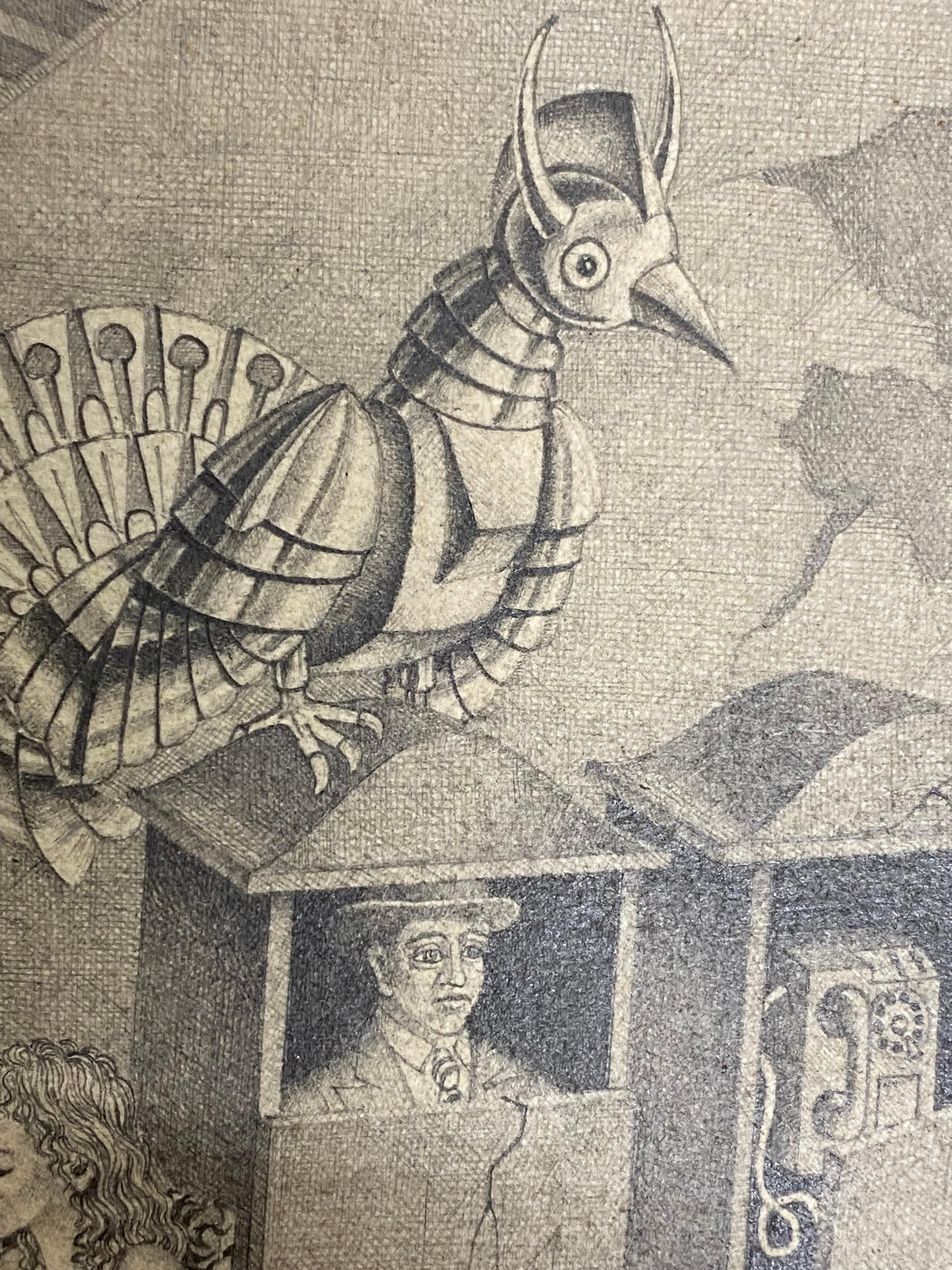Surrealistische Federzeichnung Hommage an M.C. Escher von Petru Vintila  (Papier) im Angebot