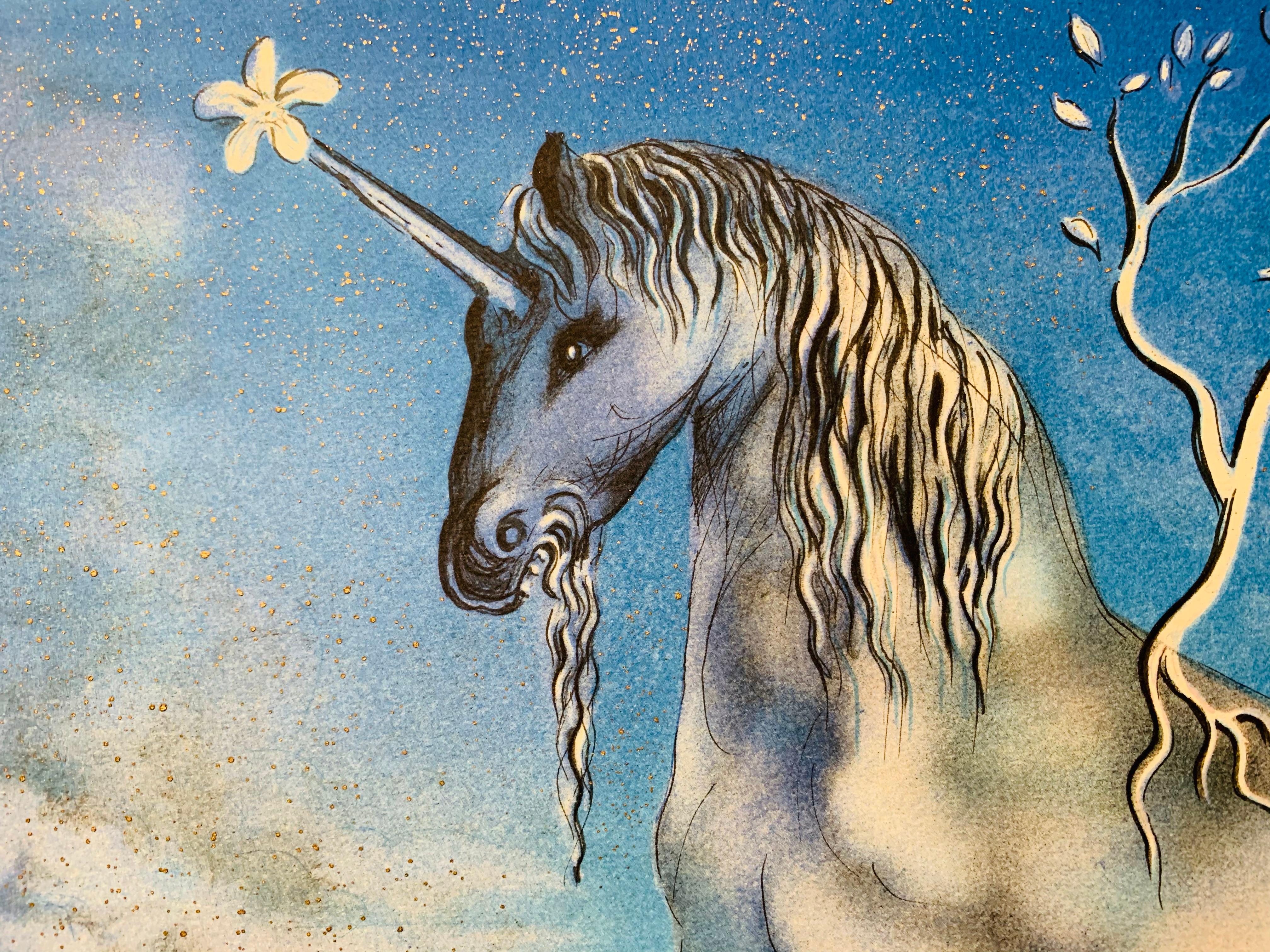 Spanish Surrealist Salvador Dali Blue Unicorn Lithograph Signed and Numbered 87/300