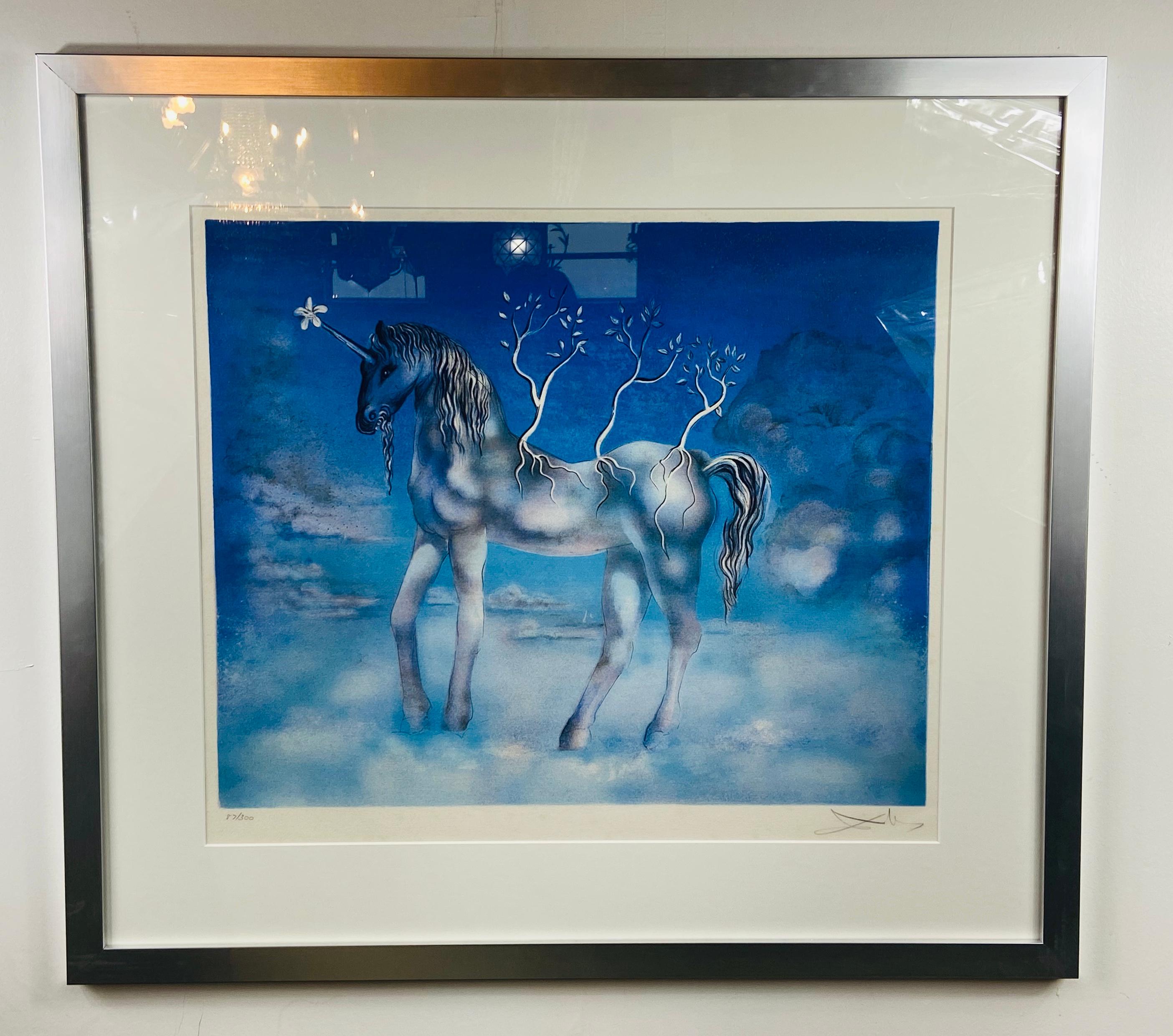 Modern Surrealist Salvador Dali Blue Unicorn Lithograph Signed and Numbered 87/300