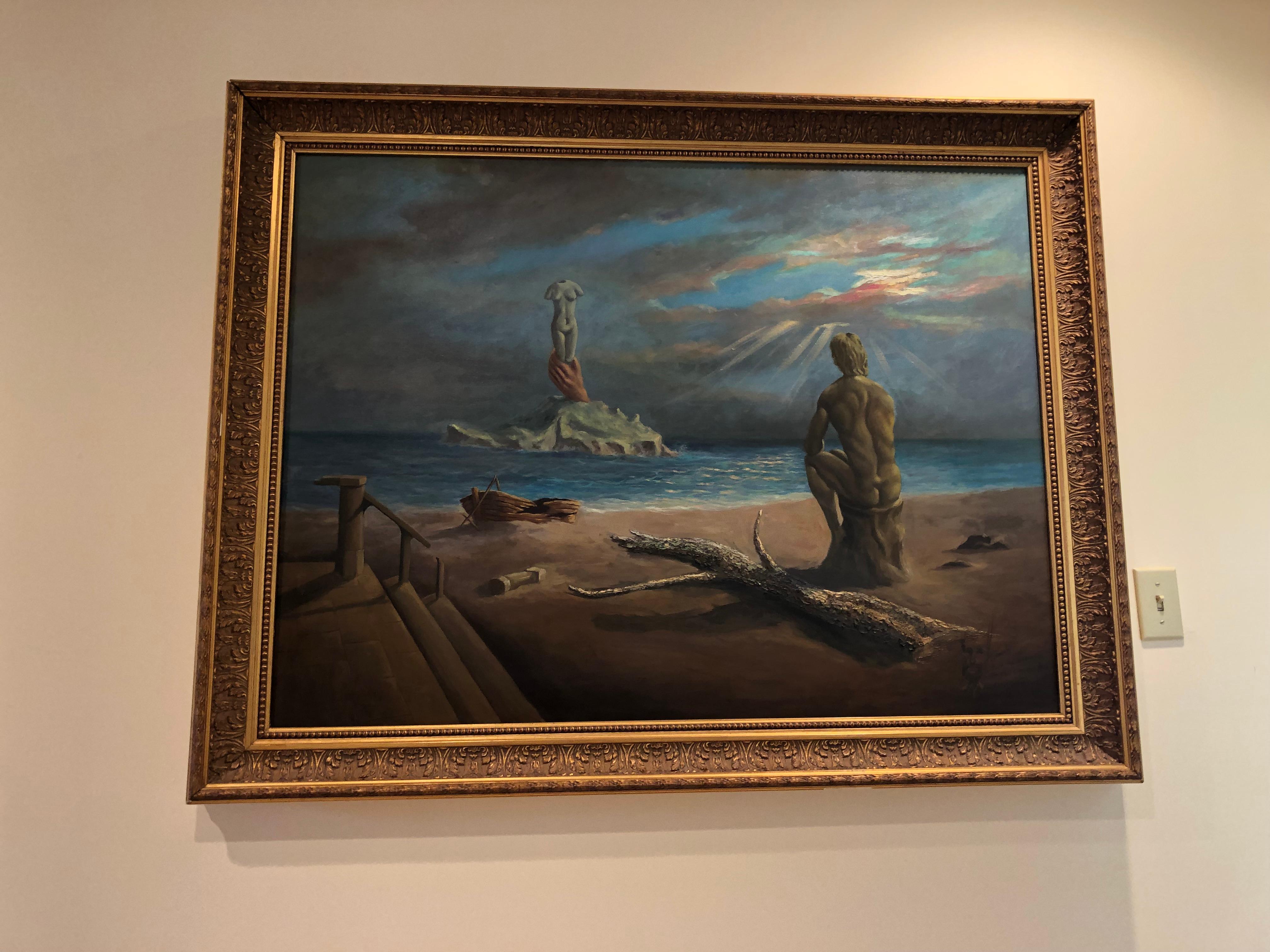 Surrealist Salvador Dali style oil on canvas signed Hernandez. The subject matter is of a man sitting on a log looking out into the ocean to a female torso floating on a hand holding it above the water.
Signed on the back with a portrait of the