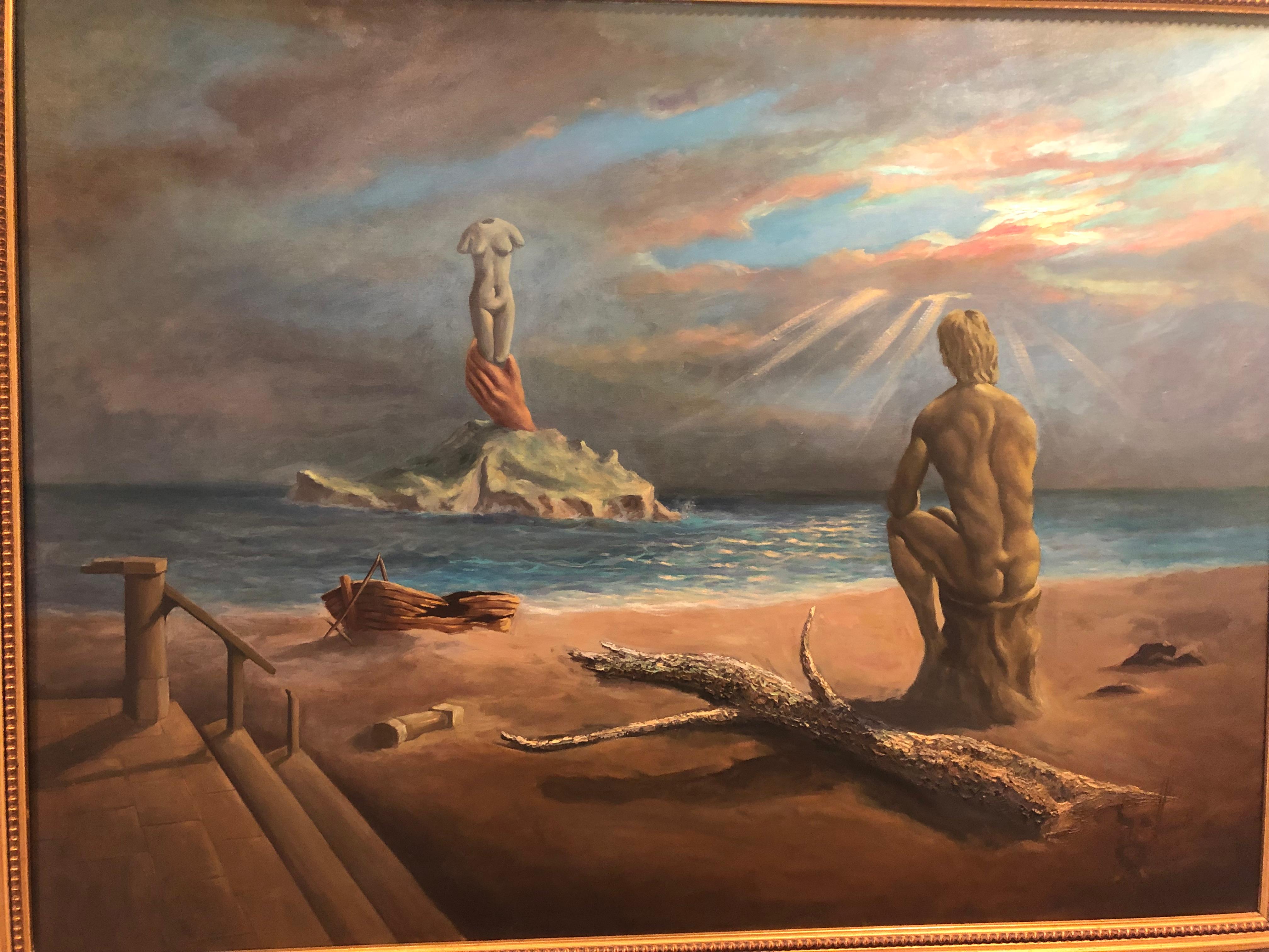 Surrealist Salvador Dali Style Oil on Canvas Signed Hernandez In Good Condition In Redding, CT
