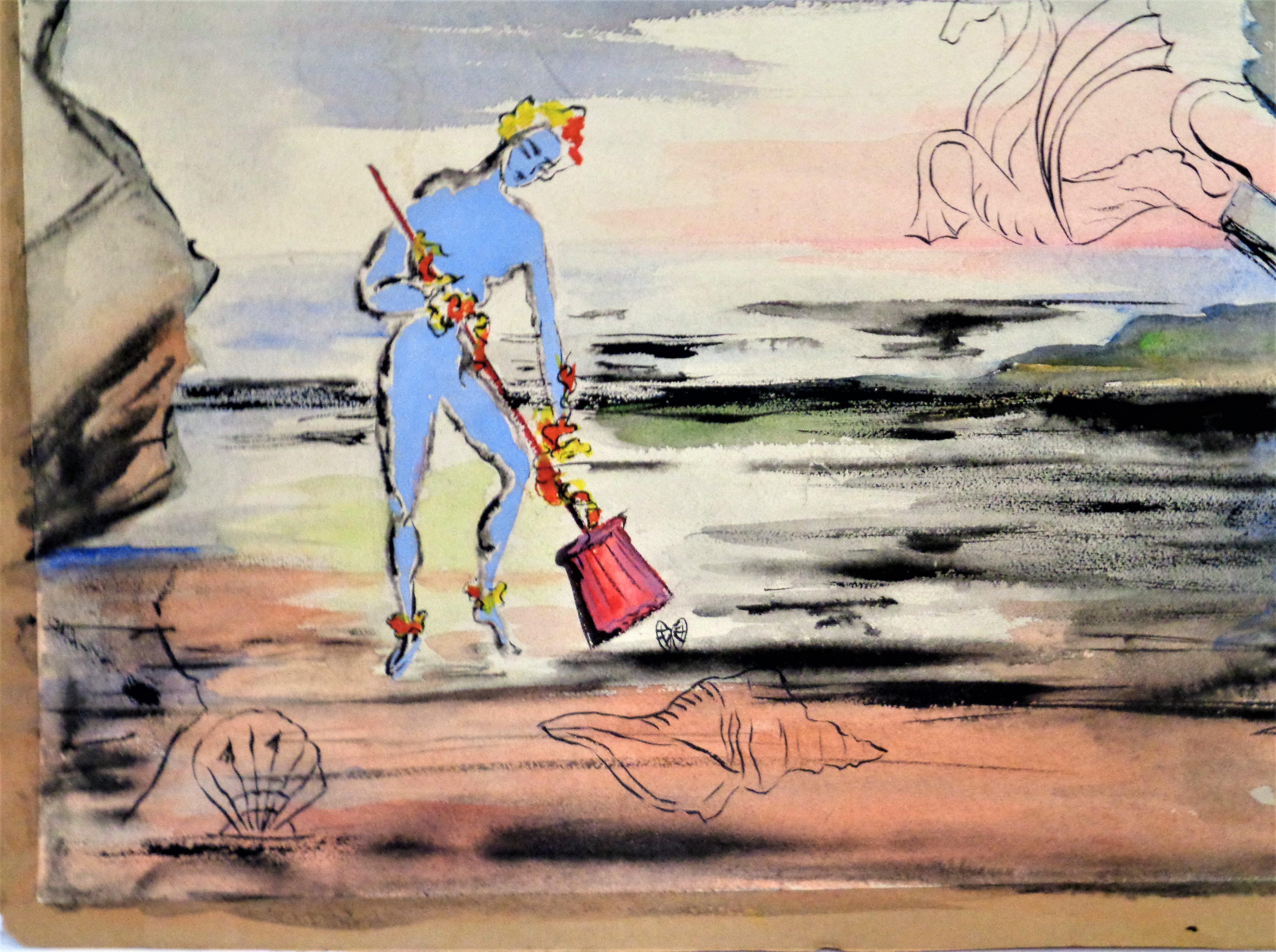 Surrealistic fantasy watercolor painting on paper - seascape with blue female figure and mythological flying winged seahorse. Some indistinct writing along bottom. Possibly a study for a set design. In the style of Salvador Dali. Circa 1940-1960.