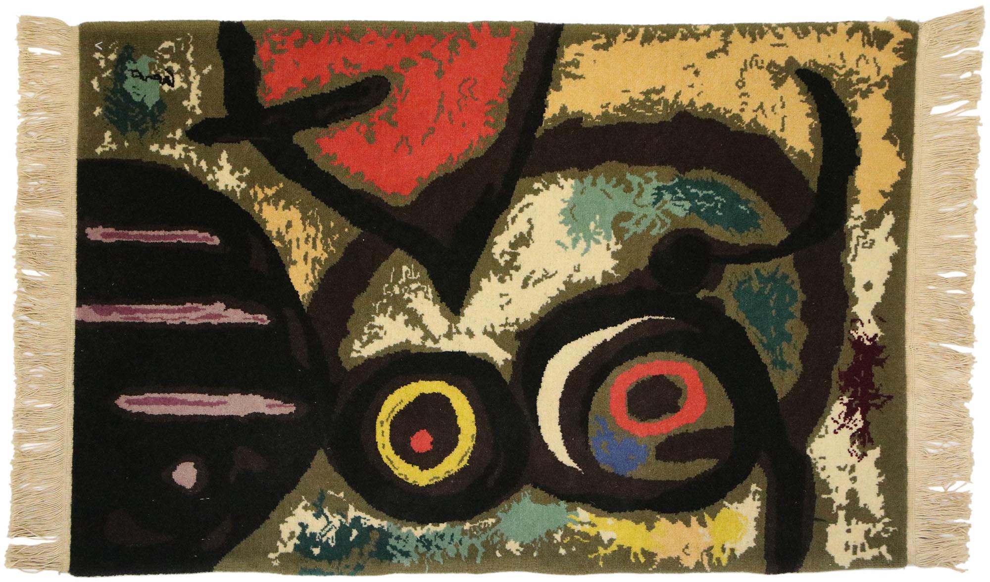 77099, a surrealist style tapestry after Joan Miro's 'Femme et Oiseaux' woman and birds, 1966. The painting was the last of a series the artist completed in Barcelona just after the Nazi occupation of France. Miro used his painted to escape from the