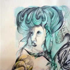Dibujo surrealista en acuarela "Demonios que atormentan a una gran dama" de Guenther