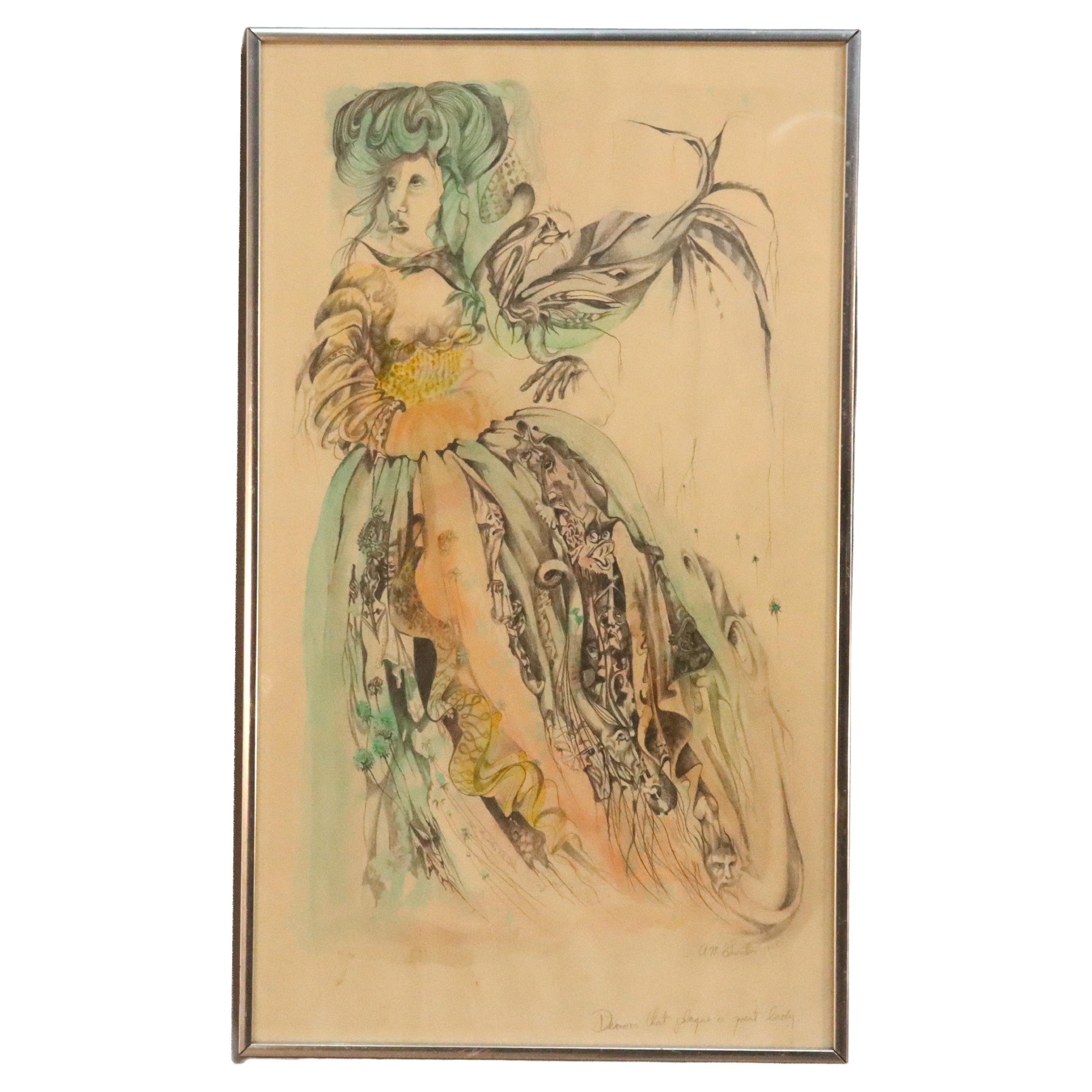 Surrealistische Aquarell-Zeichnung "Dämonen, die eine große Dame plagen" von Guenther