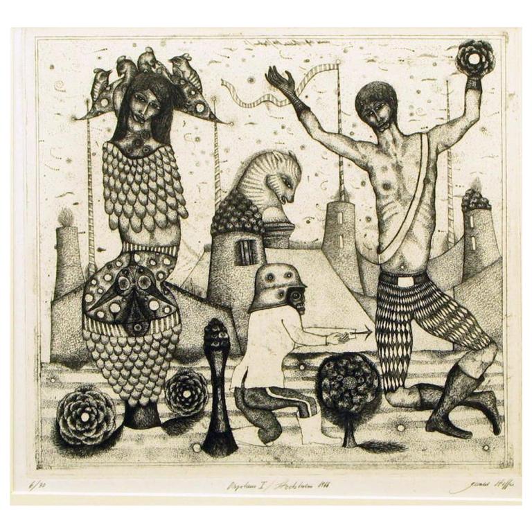 Acquaforte surrealista del 1966 di Gerald Steffe intitolata "Orpheus I