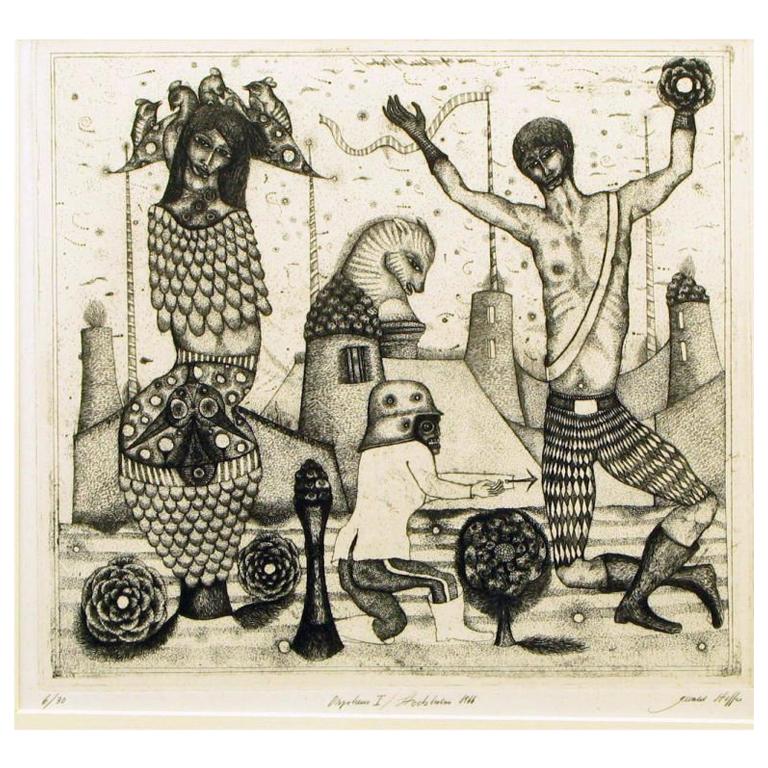 Surrealistic 1966 Etching By Gerald Steffe Entitled "Orpheus I" For Sale