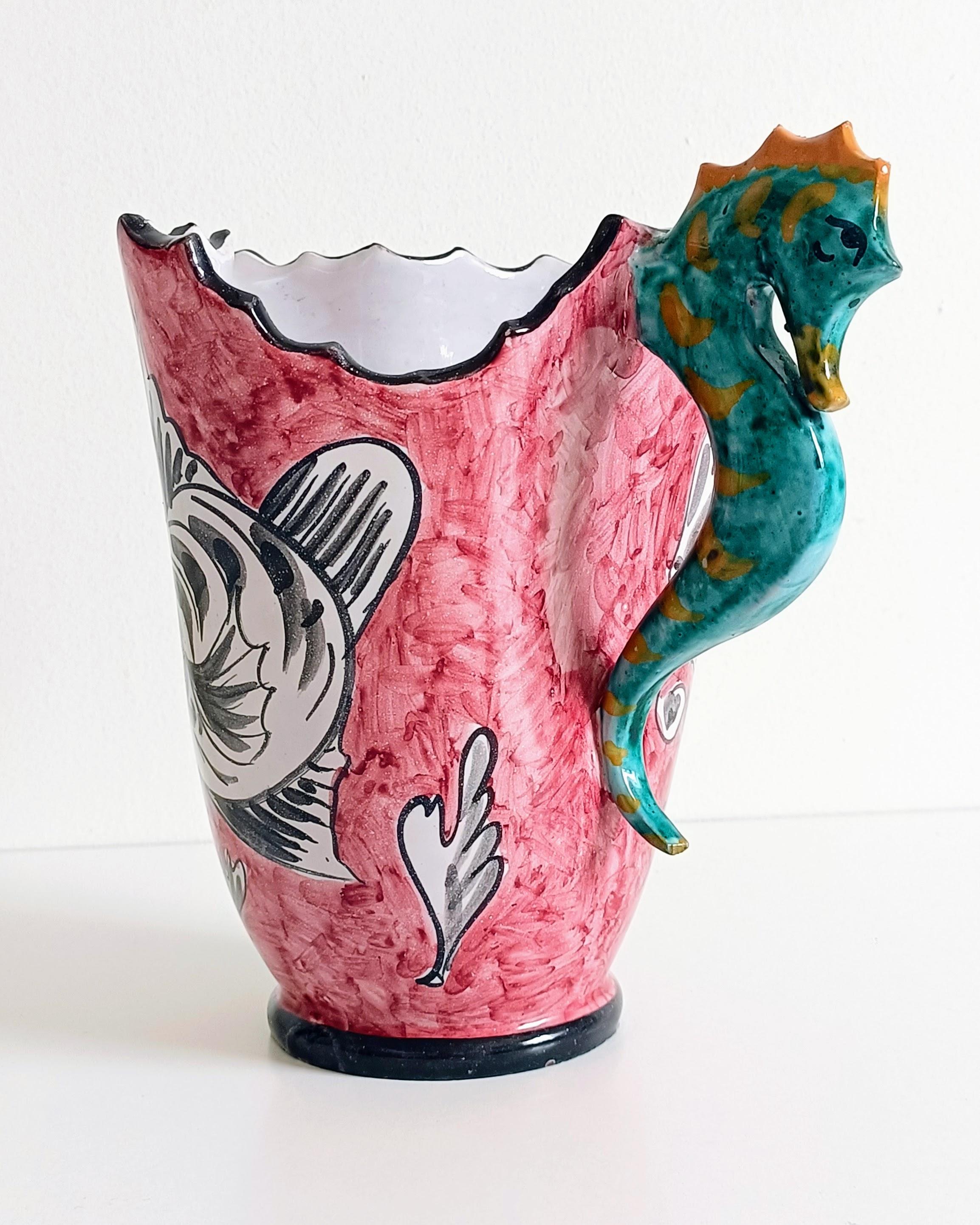 Hand-Painted Surrealistic Artistic Majolica Pitcher Signed by Alabbo Amalki, Italy, 1960s For Sale
