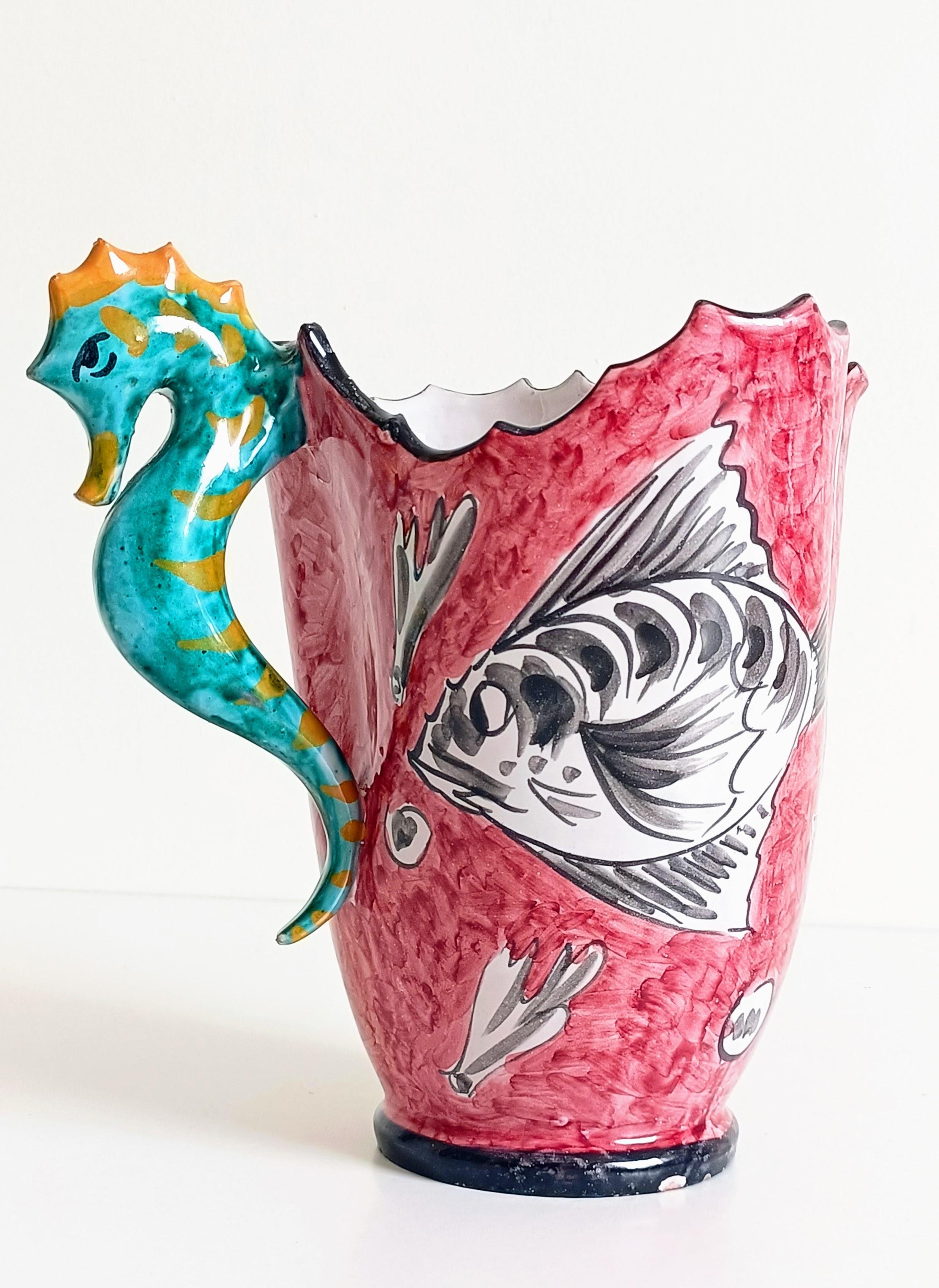 Italian Surrealistic Artistic Majolica Pitcher Signed by Alabbo Amalki, Italy, 1960s For Sale