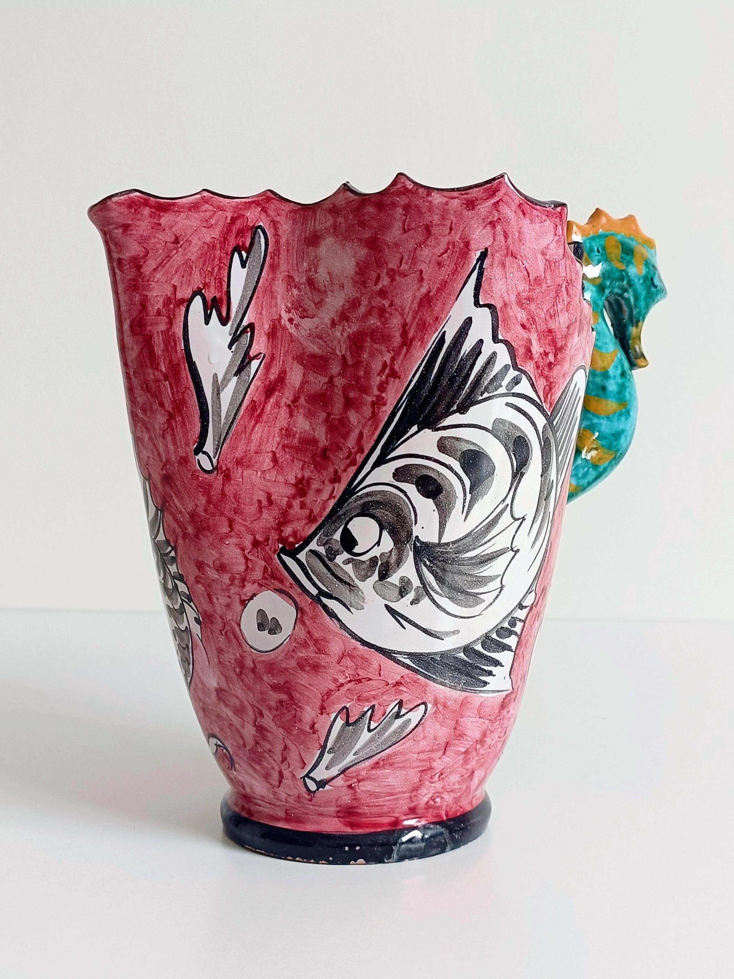 Surrealistic Artistic Majolica Pitcher Signed by Alabbo Amalki, Italy, 1960s In Excellent Condition For Sale In Valencia, VC