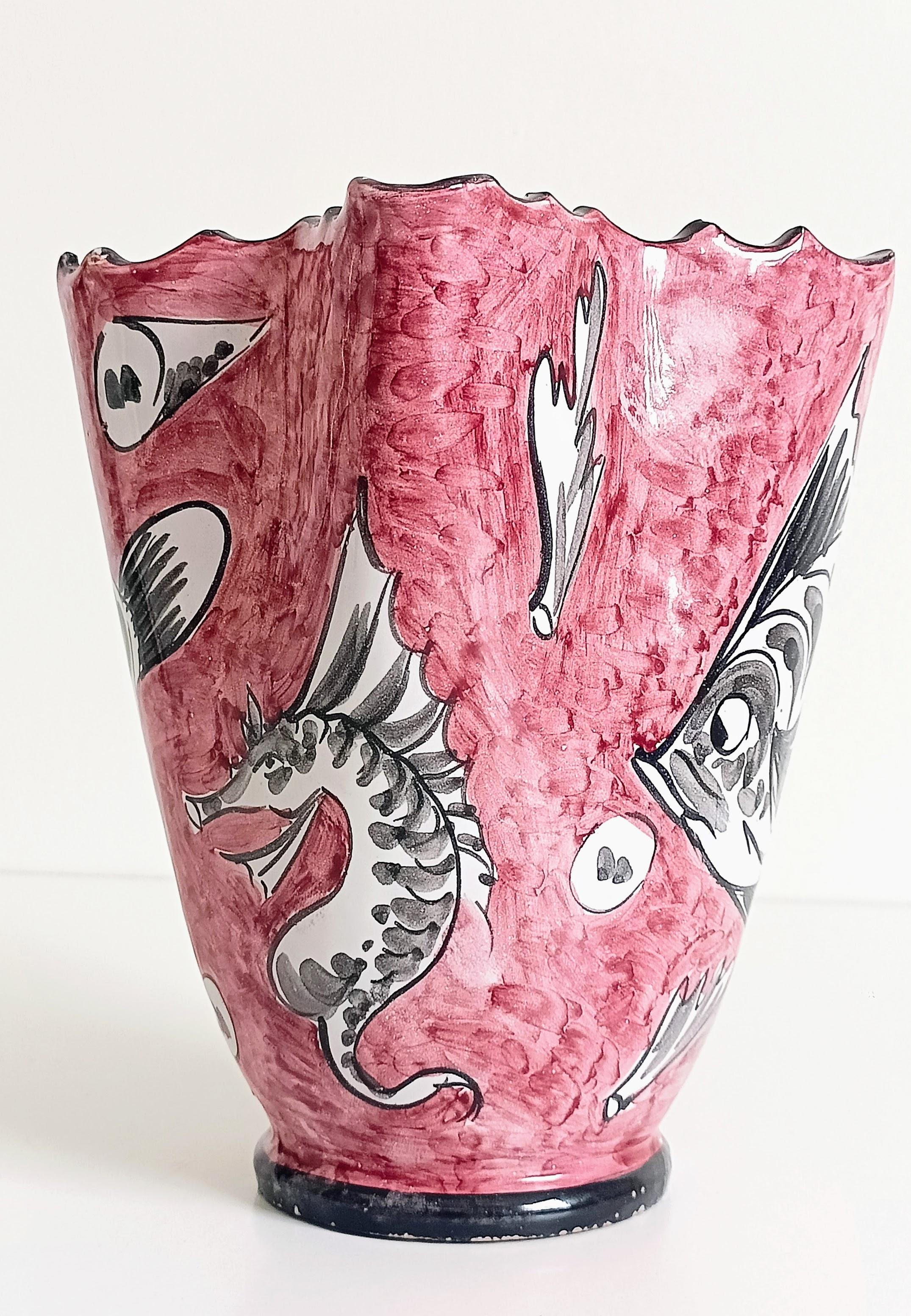 Mid-Century Modern Surrealistic Artistic Majolica Pitcher Signed by Alabbo Amalki, Italy, 1960s For Sale