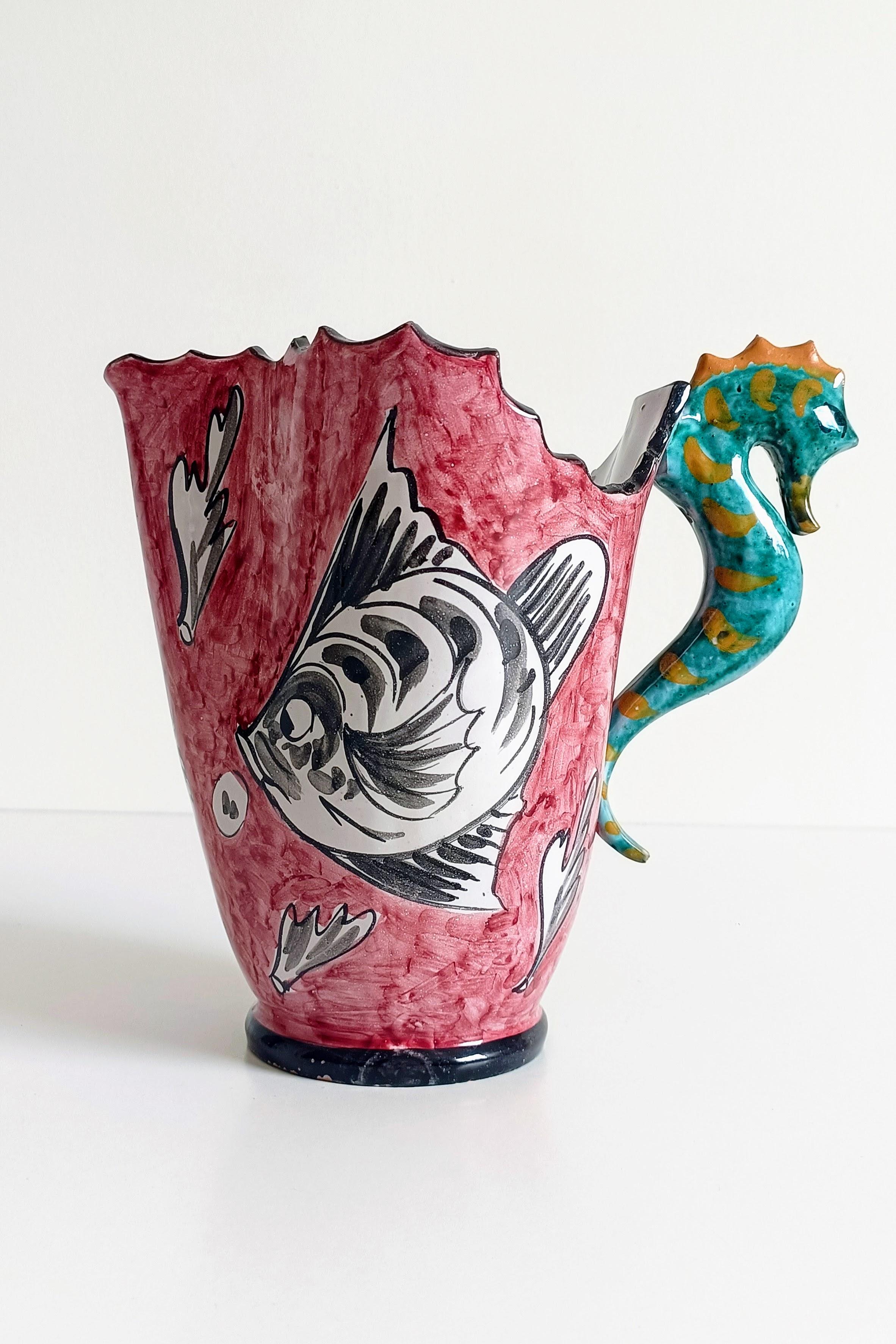 20th Century Surrealistic Artistic Majolica Pitcher Signed by Alabbo Amalki, Italy, 1960s For Sale