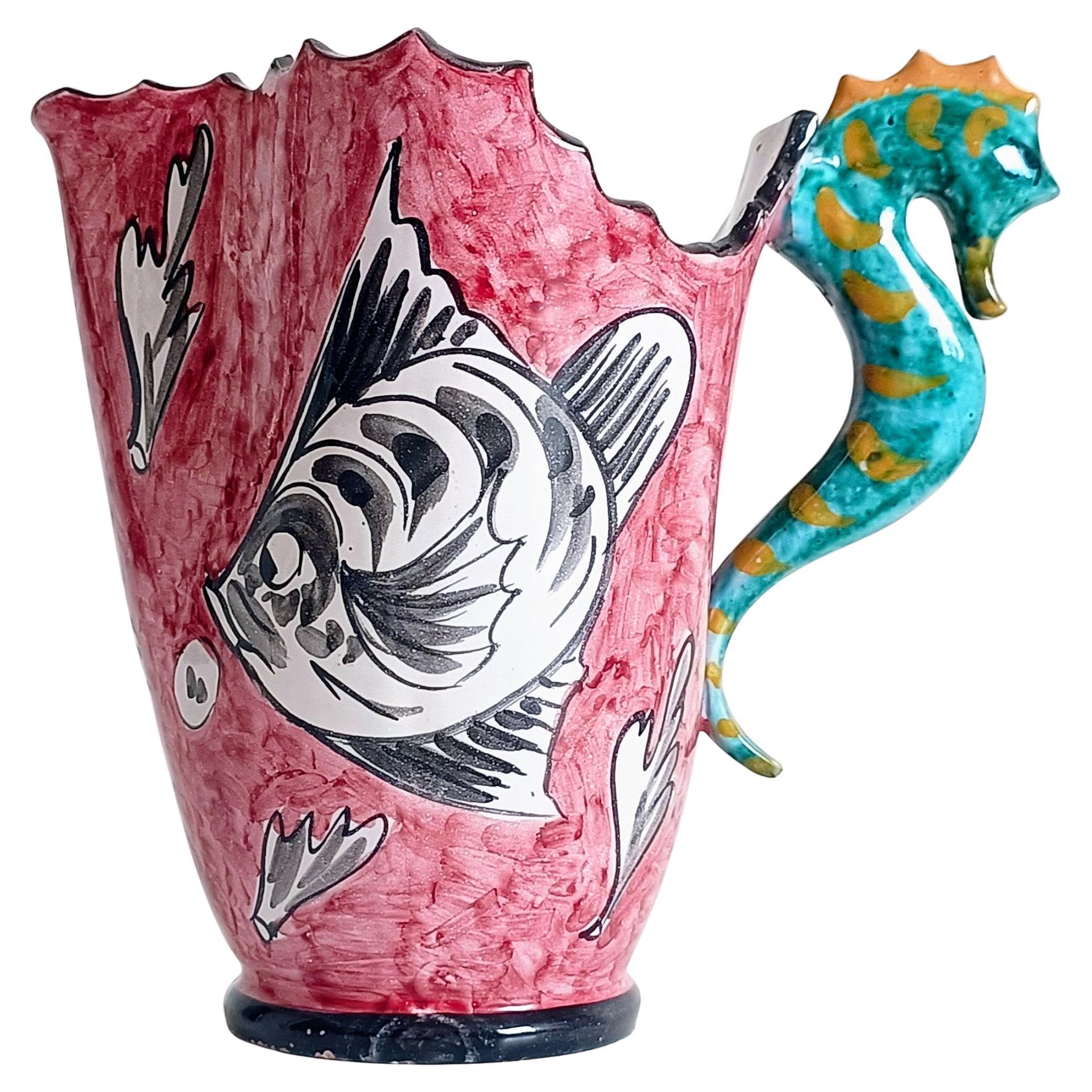 Surrealistic Artistic Majolica Pitcher Signed by Alabbo Amalki, Italy, 1960s For Sale