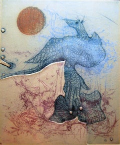 SURREALISTIC BIRD Französische Farbradierung signiert Renée LUBAROW