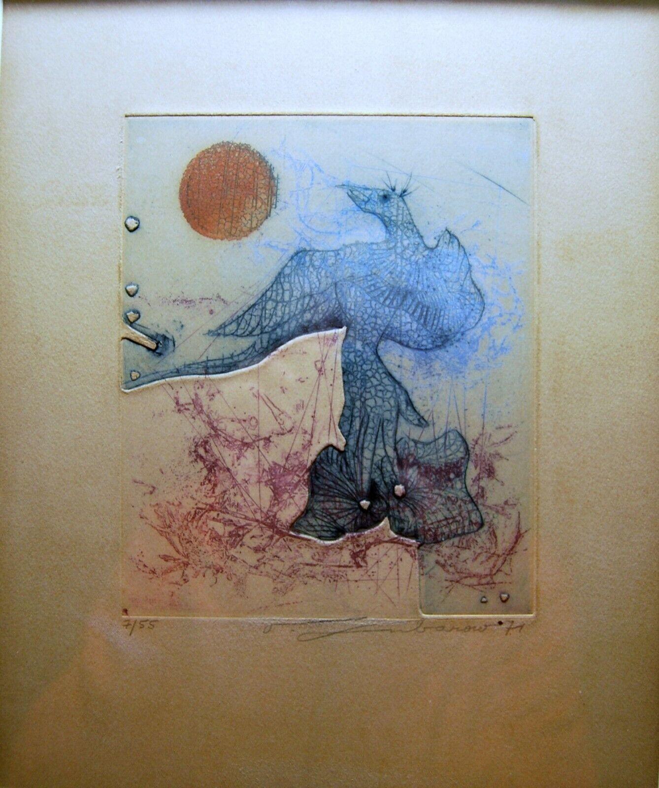 Engraved SURREALISTIC BIRD French colored etching signed Renée LUBAROW For Sale