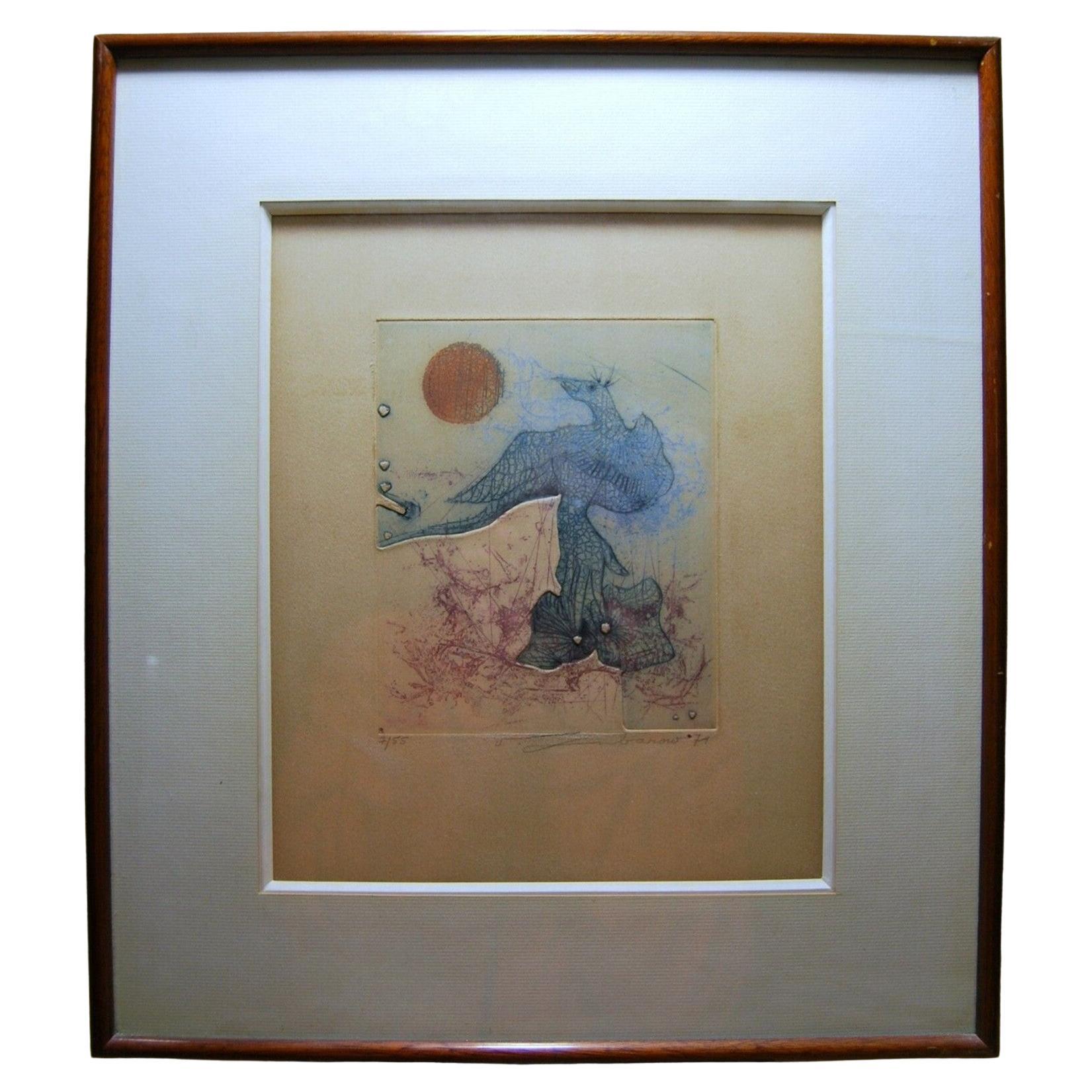 SURREALISTIC BIRD French colored etching signed Renée LUBAROW For Sale