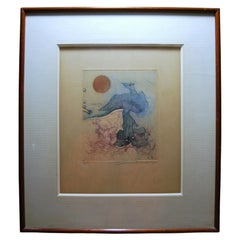 Vintage SURREALISTIC BIRD French colored etching signed Renée LUBAROW