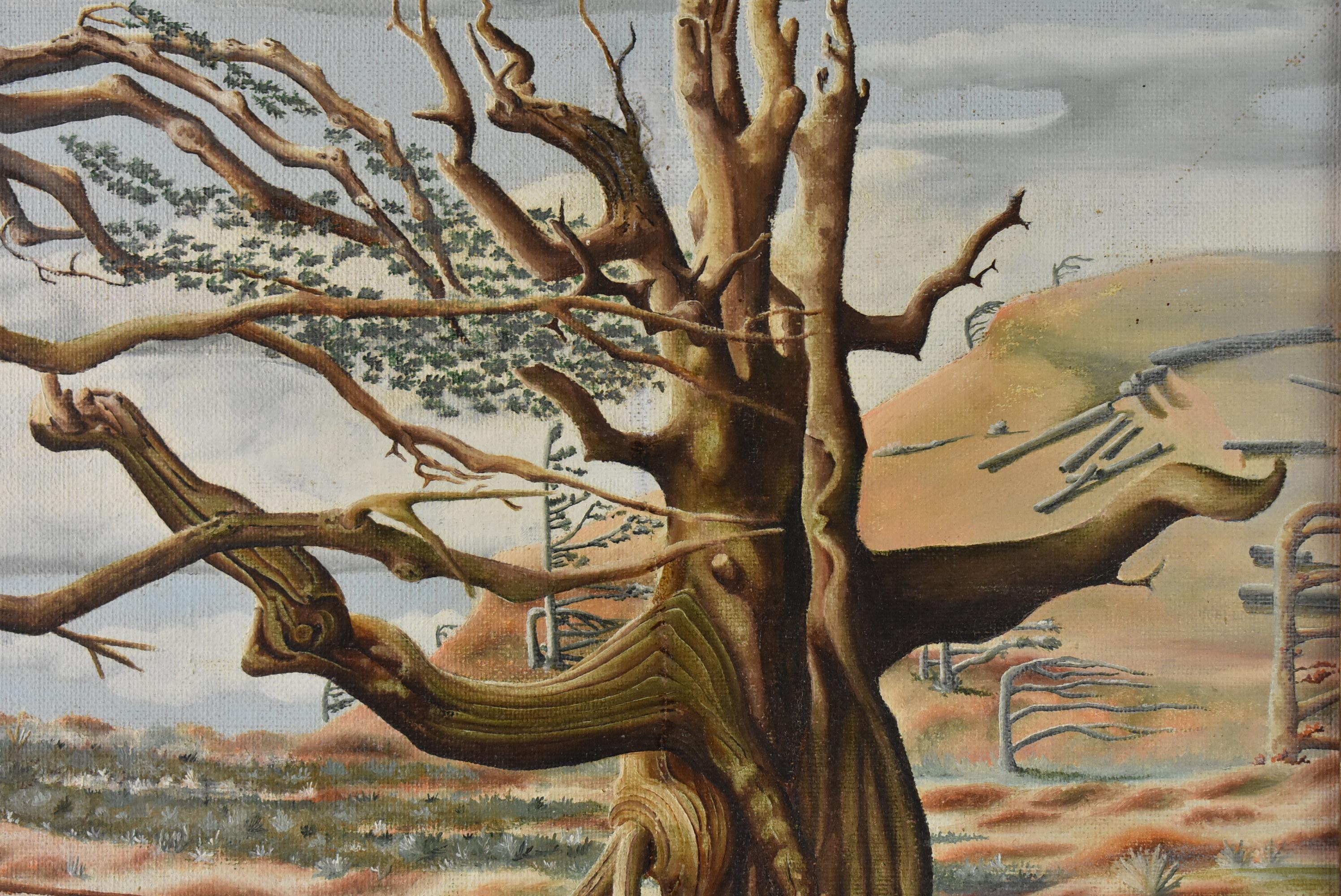 Unique surrealistic style painting of bent trees on a rocky cliff overlooking water, or possibly floating in the sky. Signed Raymond Warren, 1953 in a Heydenryk frame. Overall 32 1/2