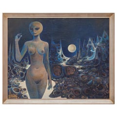 Pintura surrealista al óleo sobre lienzo, años 70, firmada