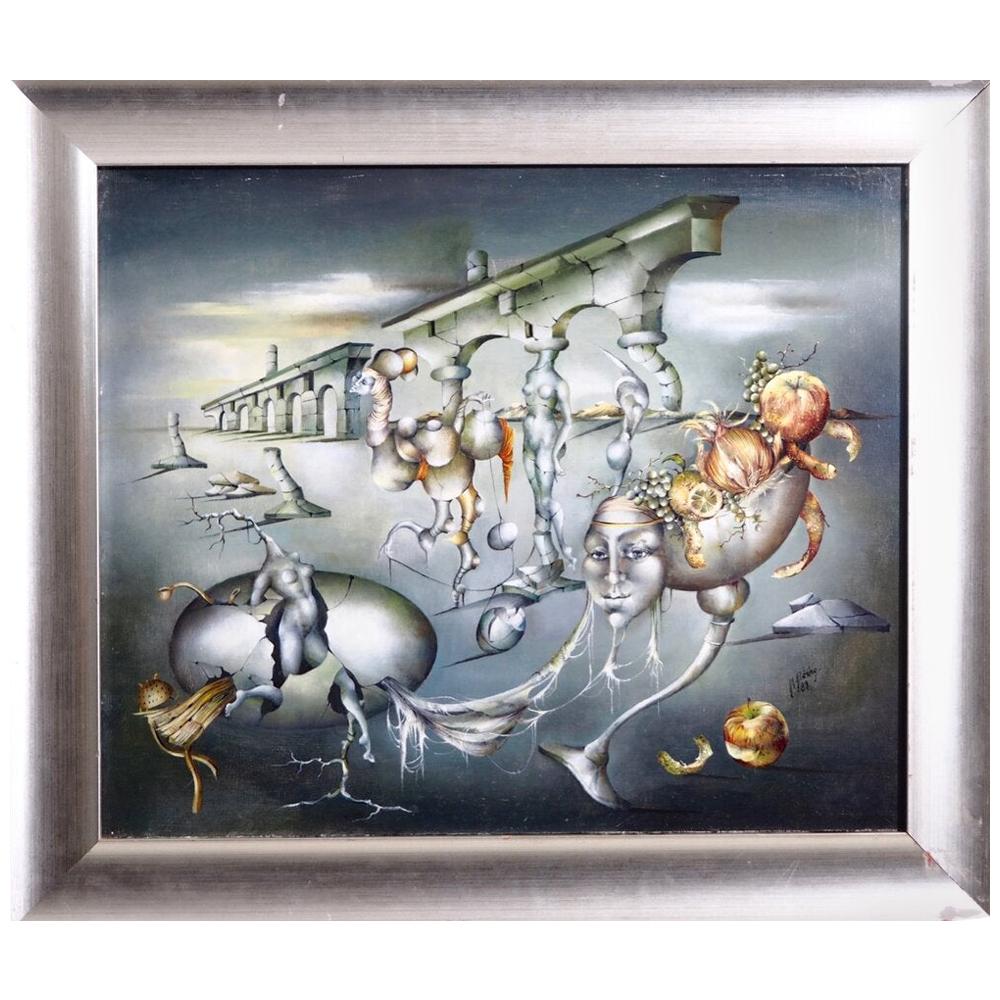 Surrealistic Painting, Oil on Canvas, Unreadable Signature, 20th Century For Sale