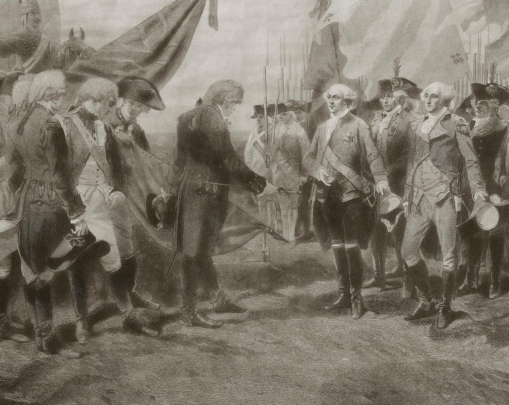 This historic print depicts the surrender of the British forces after the Battle of Yorktown. In the print, Major General O'Hara, substituting for General Cornwallis, is shown handing his sword to the Comte de Rochambeau, who is standing next to