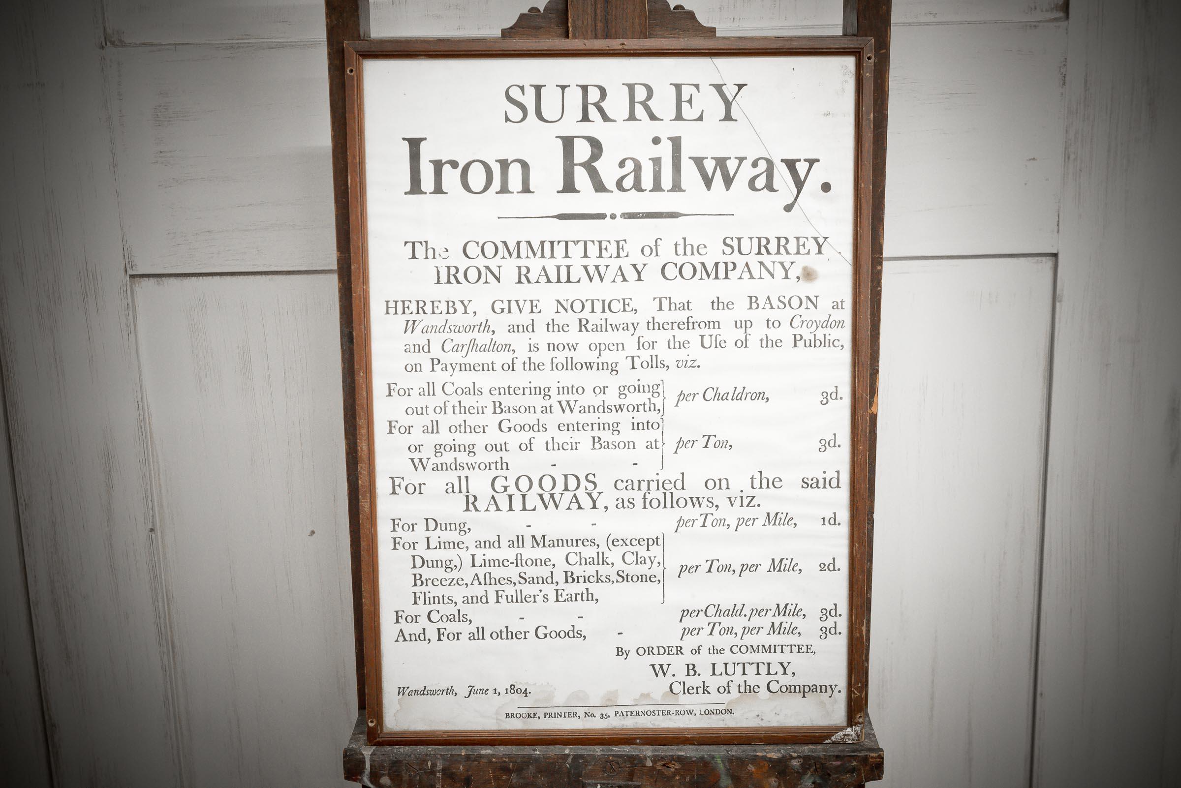 Surrey rail poster dating from 1804 establishing that a line is open for travel between wandsworth and croydon. Original poster encased in a wooden frame. Please ask for specific sizing. 