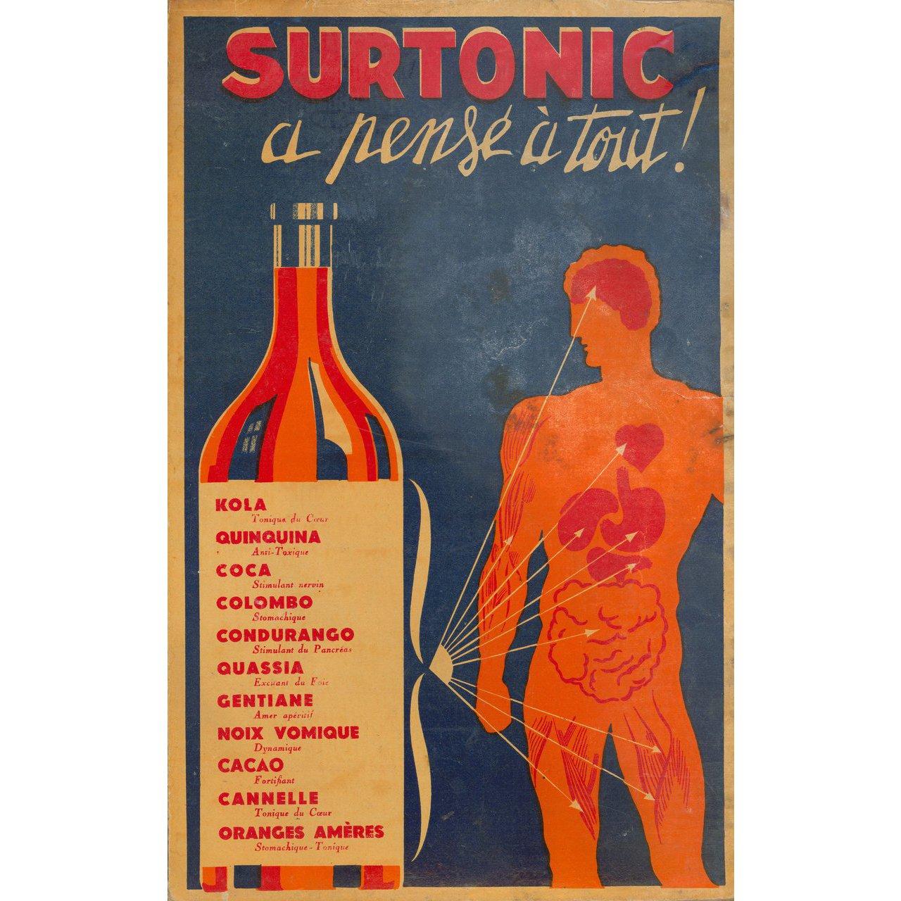 Original 1930s French mini poster for Surtonic (1930s). Good-Very Good condition, rolled. Please note: the size is stated in inches and the actual size can vary by an inch or more.





