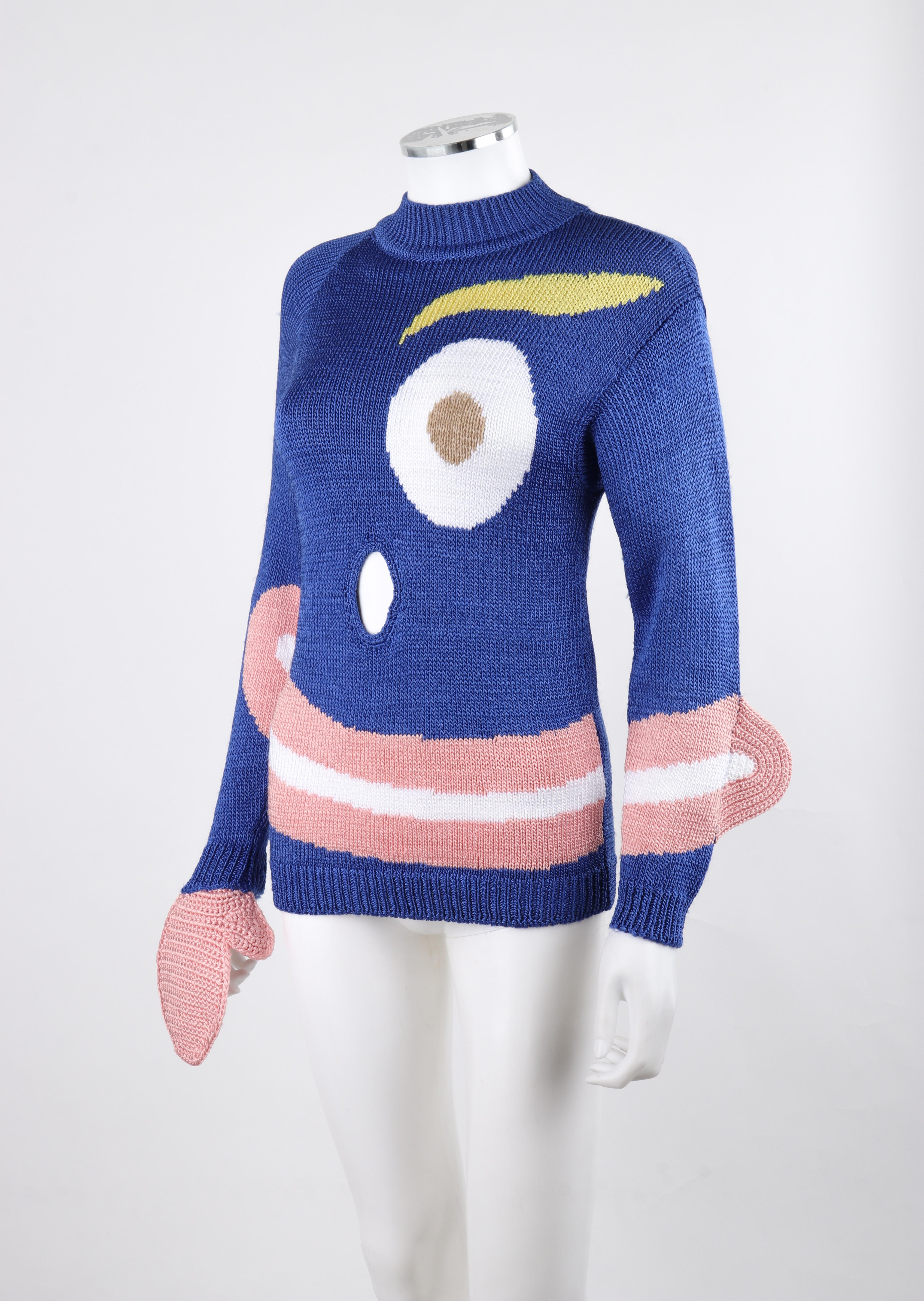 SURVIVAL OF THE FASHIONEST S/S 2020 Blue Knit Smiley Face Pullover Sweater Top S For Sale 5