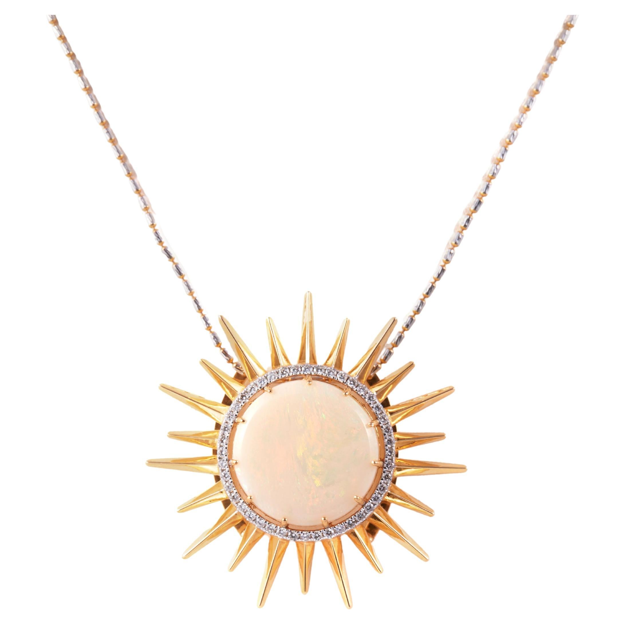 Suryachaand 18K Gold Pendant Necklace with Opal & Diamond by Kahana Jewels For Sale