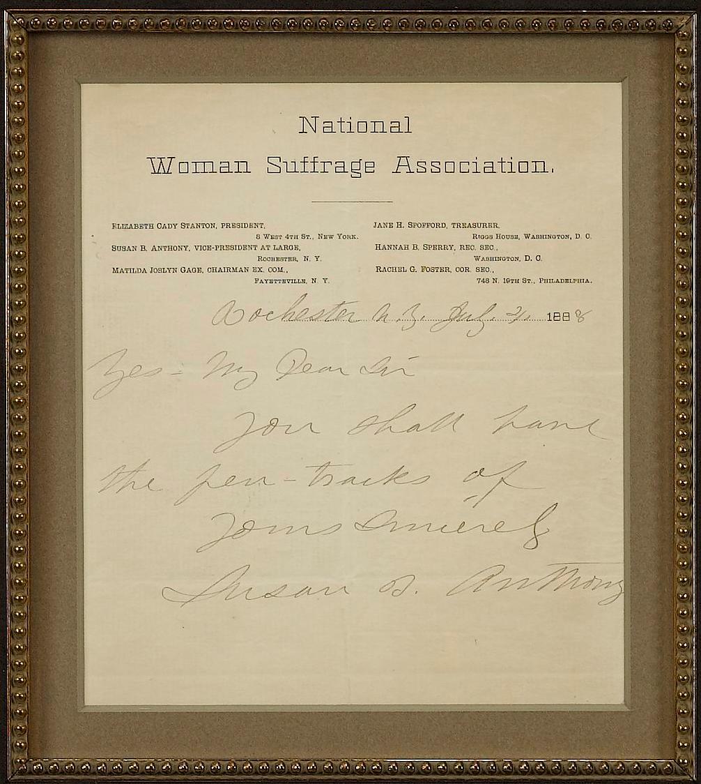 Susan B. Anthony Lettera autografa firmata, datata 21 luglio 1888 In condizioni buone in vendita a Colorado Springs, CO
