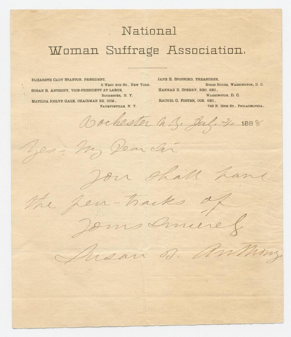 Susan B. Anthony Lettera autografa firmata, datata 21 luglio 1888 in vendita 4