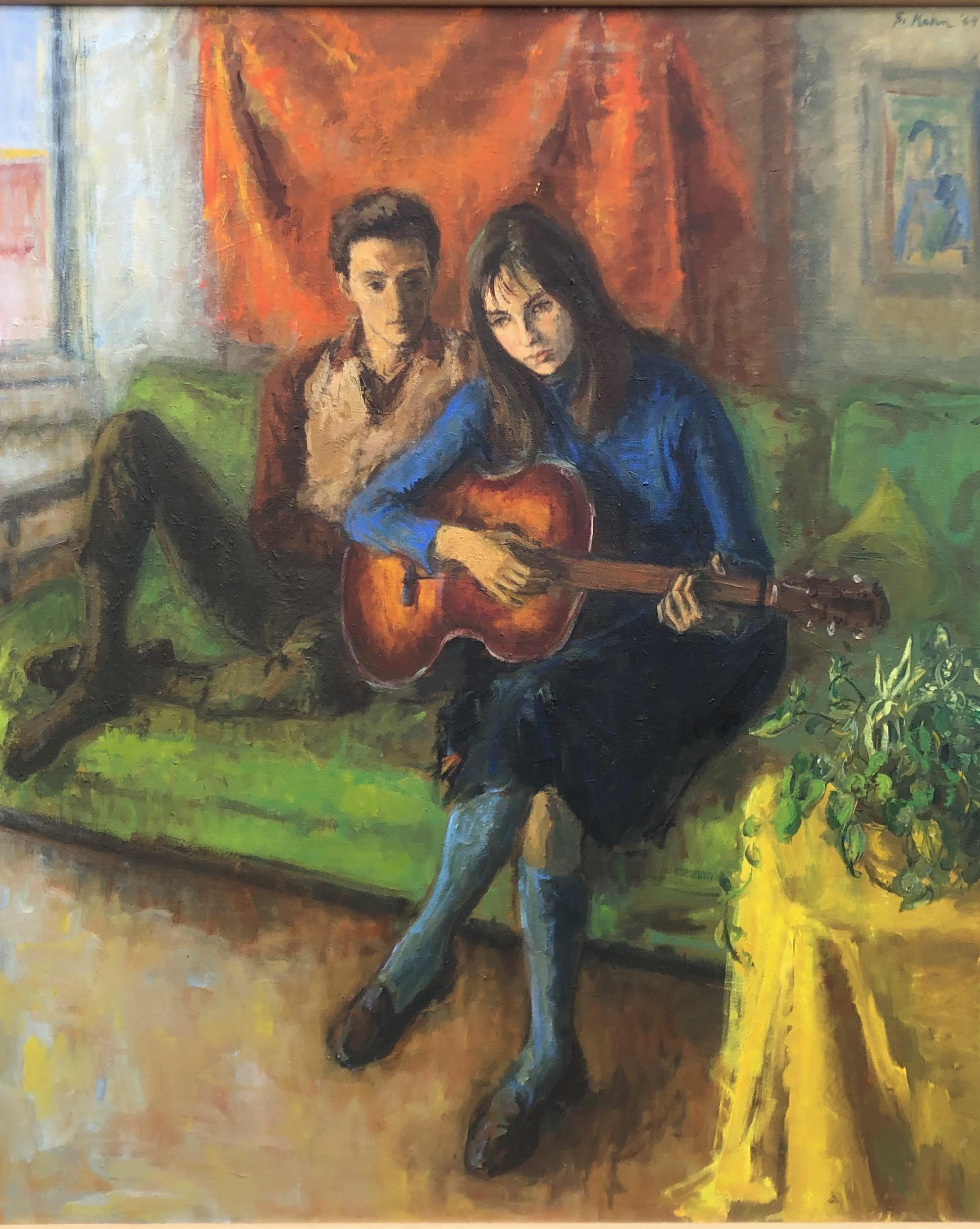 Susan B Kohn Figurative Painting -  Playing Guitar American Post Impressionist 