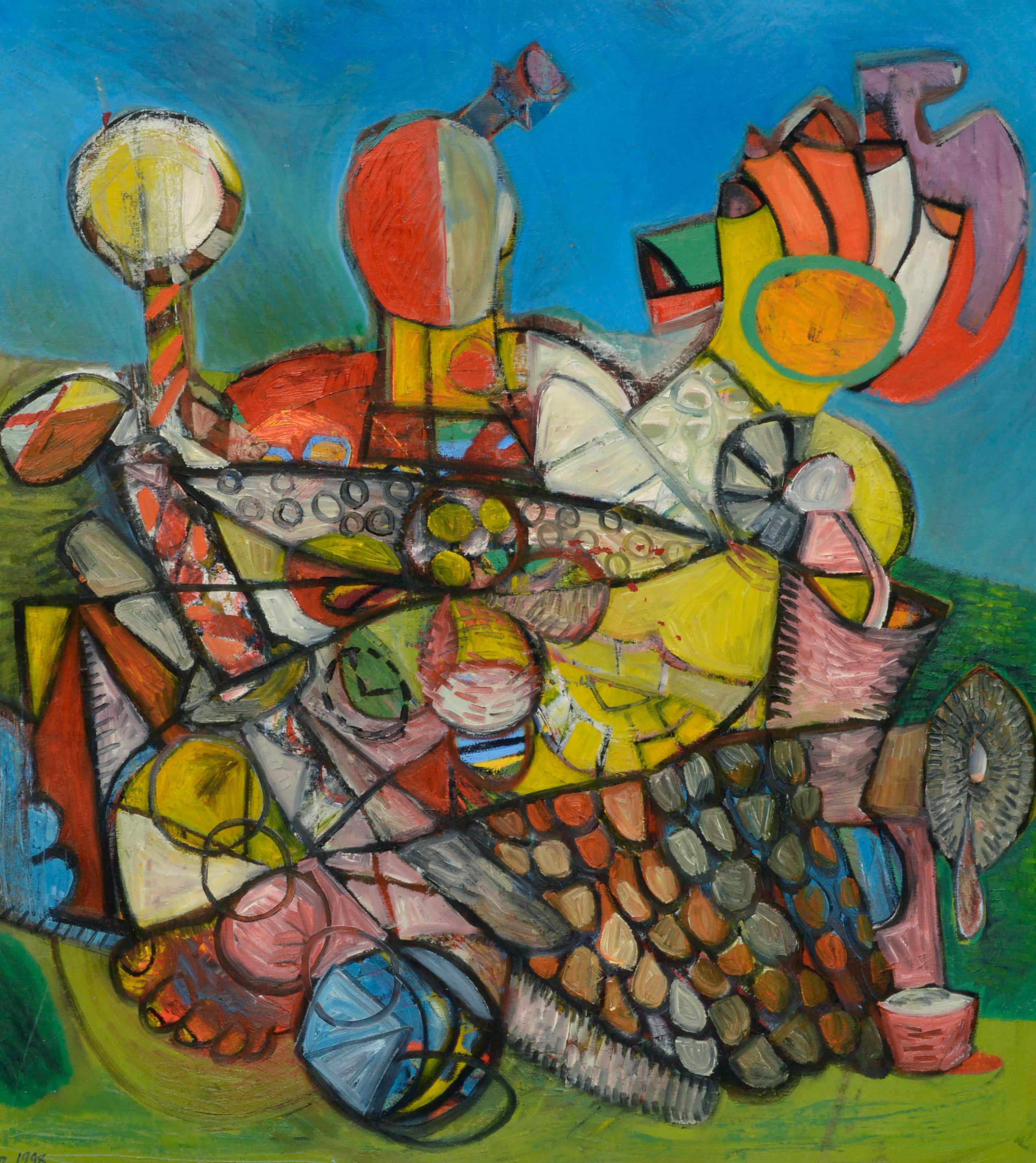 Samurai colorido, abstracto geométrico figurativo moderno a gran escala - Painting de Susan Baker