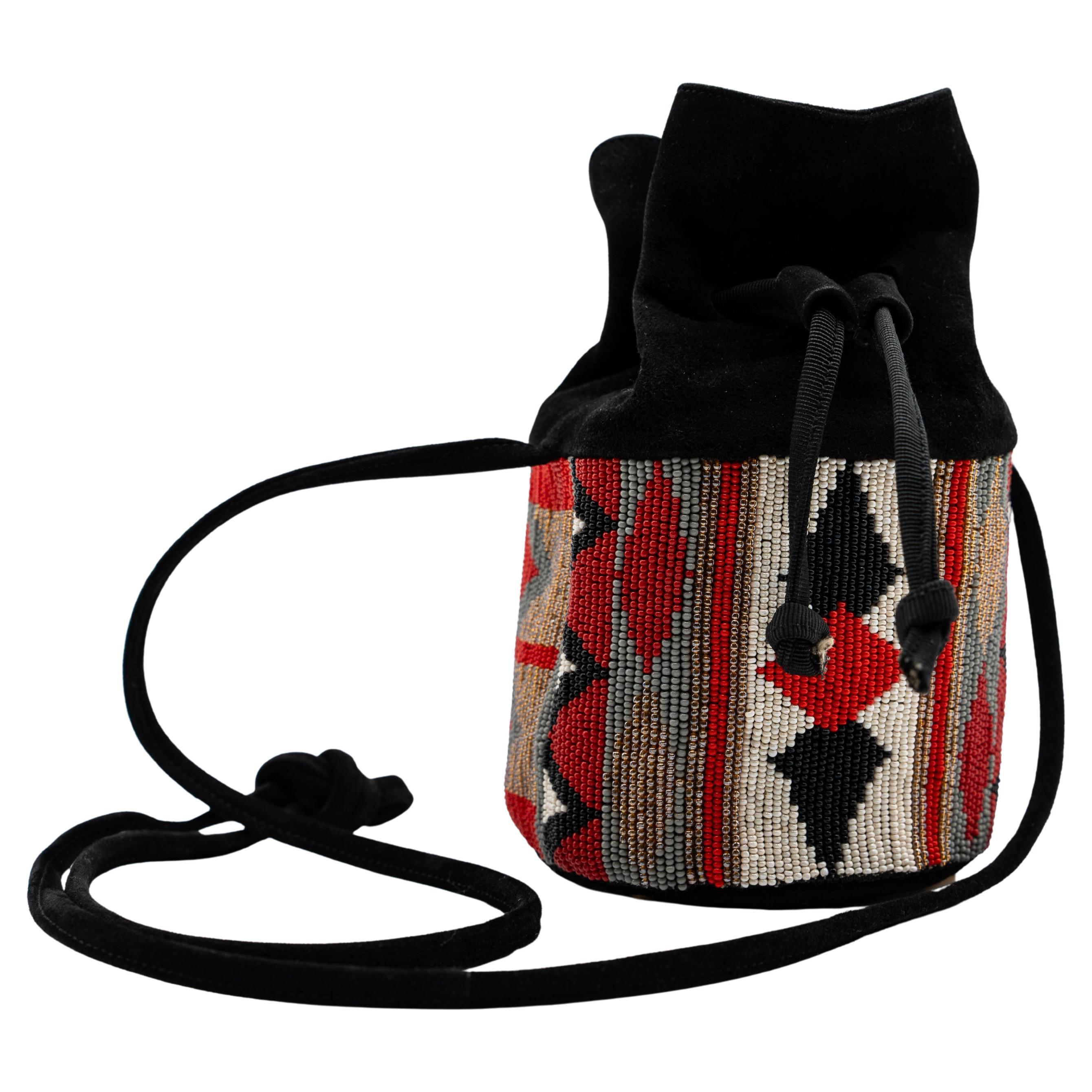 Black Susan Bennis Warren Edwards Beaded Suede Mini Bucket Bag For Sale