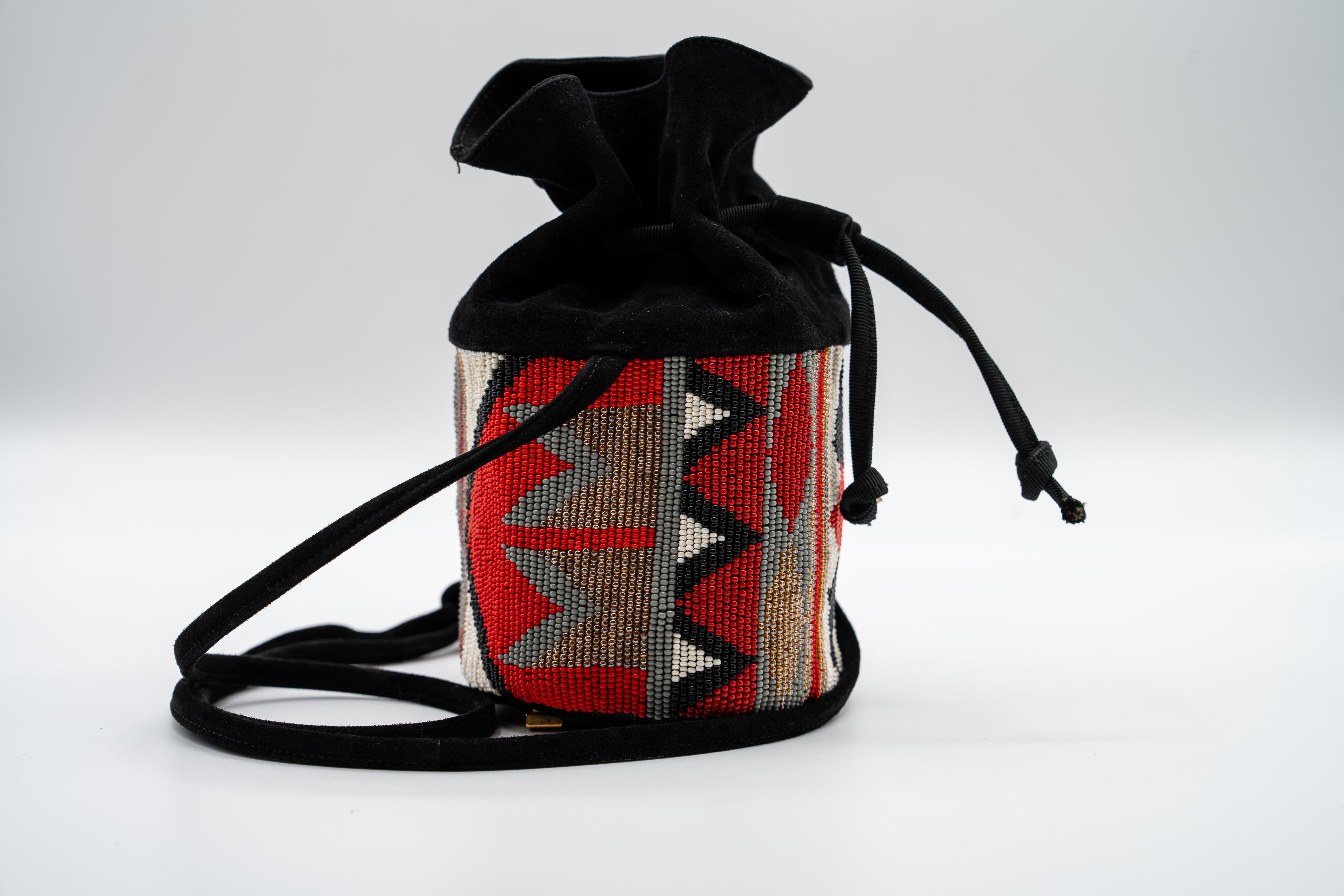 Susan Bennis Warren Edwards Beaded Suede Mini Bucket Bag In Excellent Condition For Sale In Boca Raton, FL