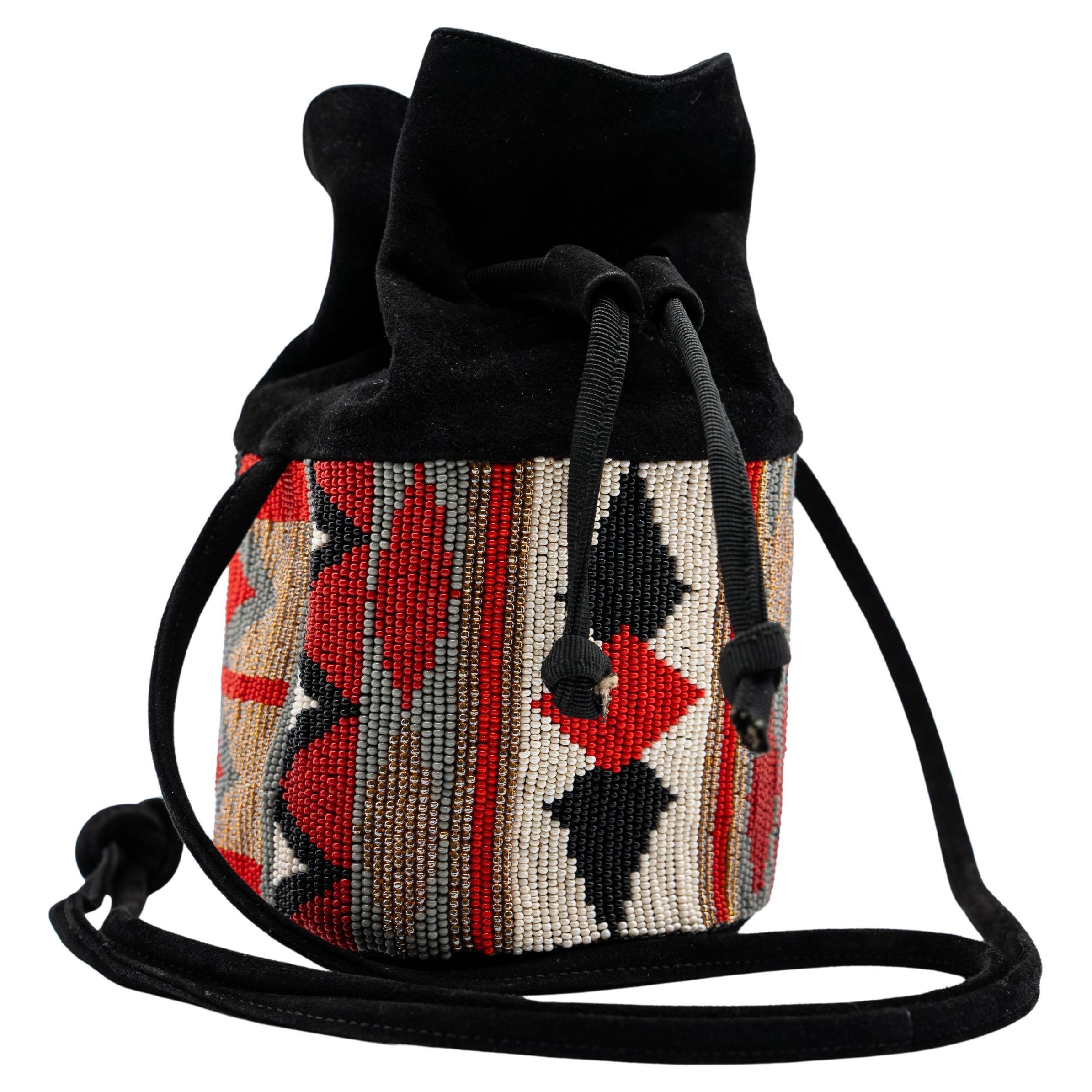 Susan Bennis Warren Edwards Beaded Suede Mini Bucket Bag For Sale