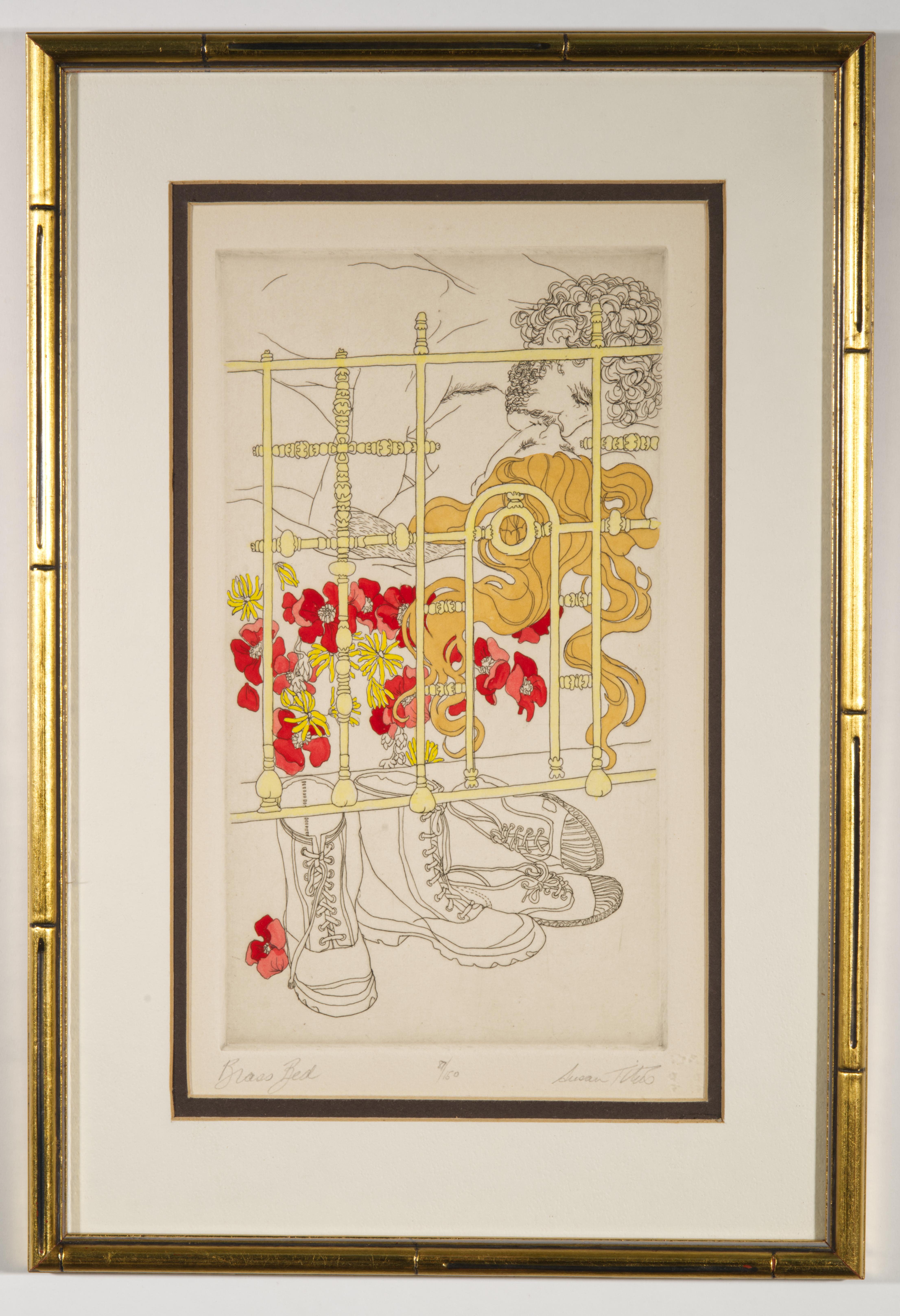 Vintage original etching features a brass bed with a flower garland draped over the headboard and 2 pairs of shoes under the bed; a couple can be seen through the ornate headboard. The woman's hair is tinted ochre yellow, and the bed and the flower