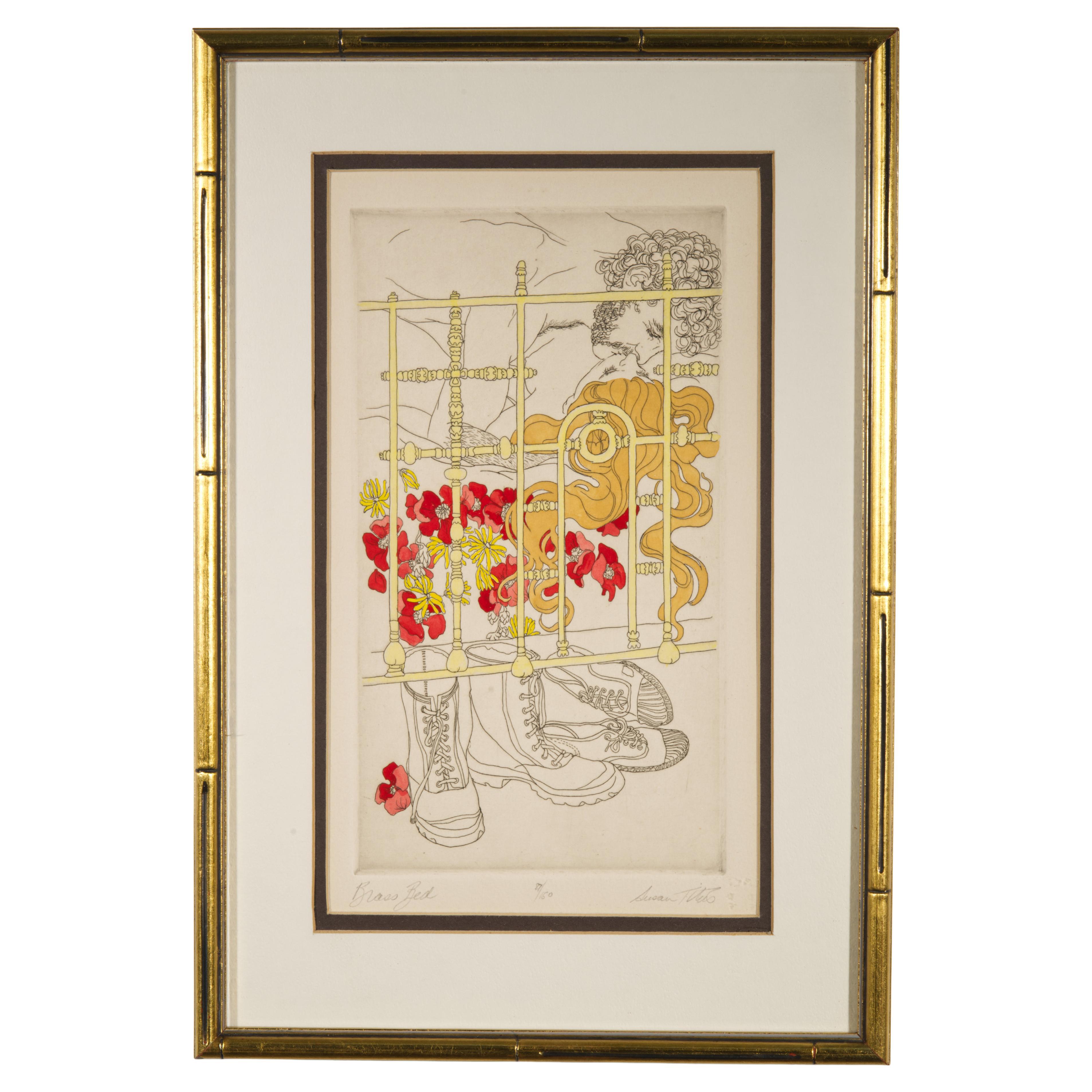 Susan Booth Titus "Brass Bed" Tinted Etching 87/150, Framed For Sale