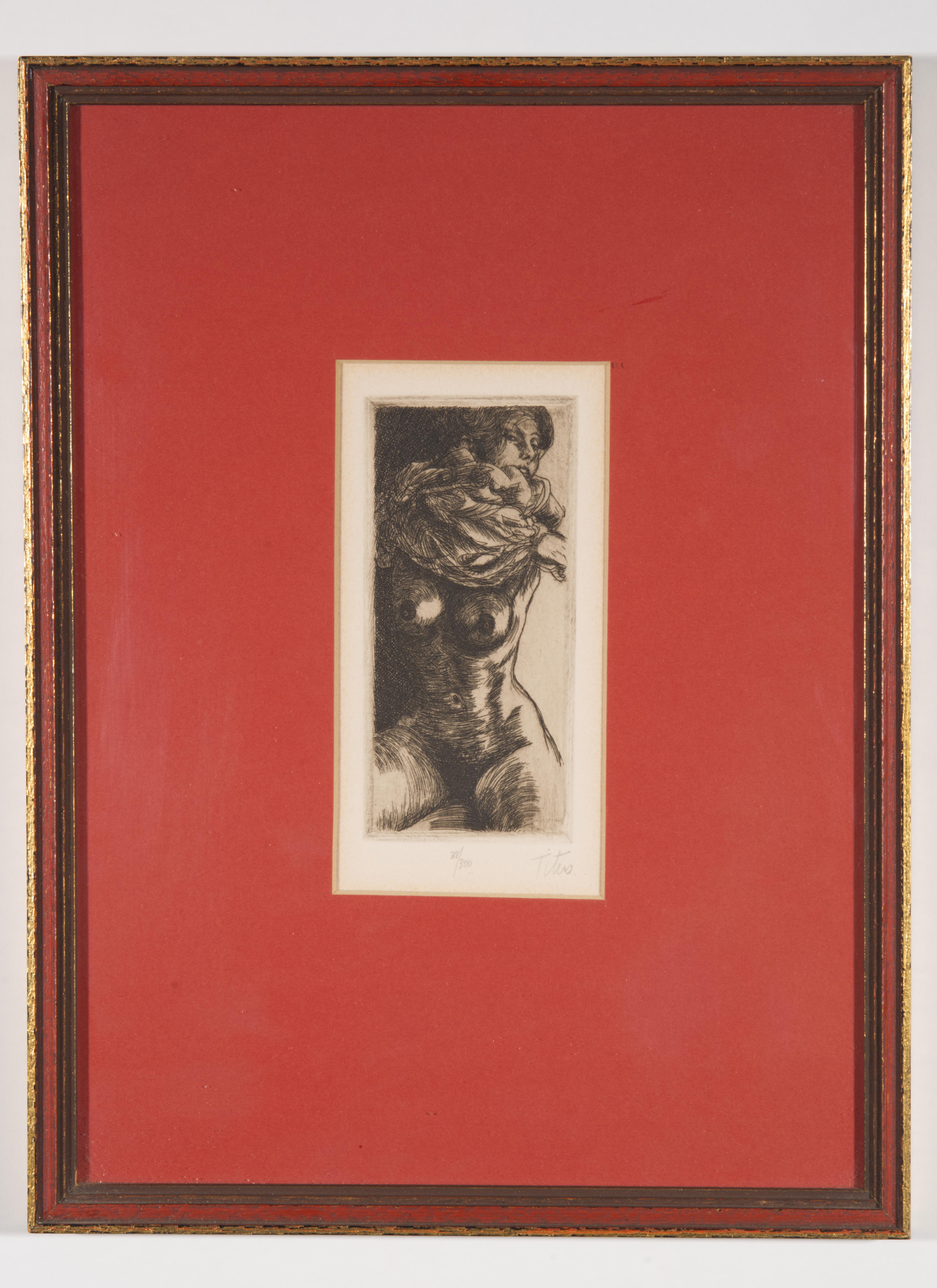  Vintage original etching features sitting nude woman; the model is looking over her shoulder with her arms raised as to remove her shirt or dress. The limited edition etching is printed on off-white, almost cream-colored paper, adding warmth and
