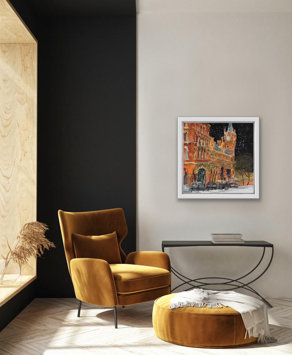 Arrivi a tarda notte, St Pancras, Londra, Quadro originale, Londra, Edifici - Landscape Art Marrone di Susan Brown 