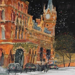Les arrivées de la fin de la nuit, St Pancras, Londres, peinture originale, Londres, bâtiments 