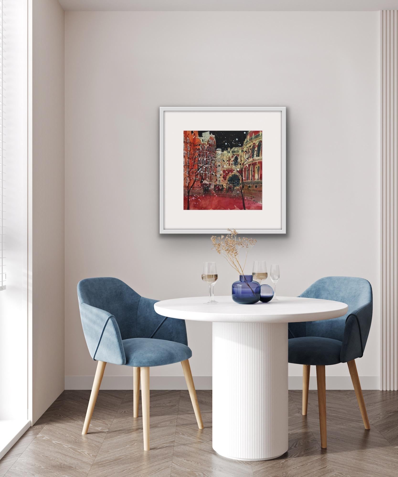 The Royal Albert Hall was modelled on a Roman amphitheatre, it has a beautiful frieze to the arts and sciences - It is the home of the 'Proms' and the painting shows a view from Kensington Gardens looking towards one of the many entrances.
Discover