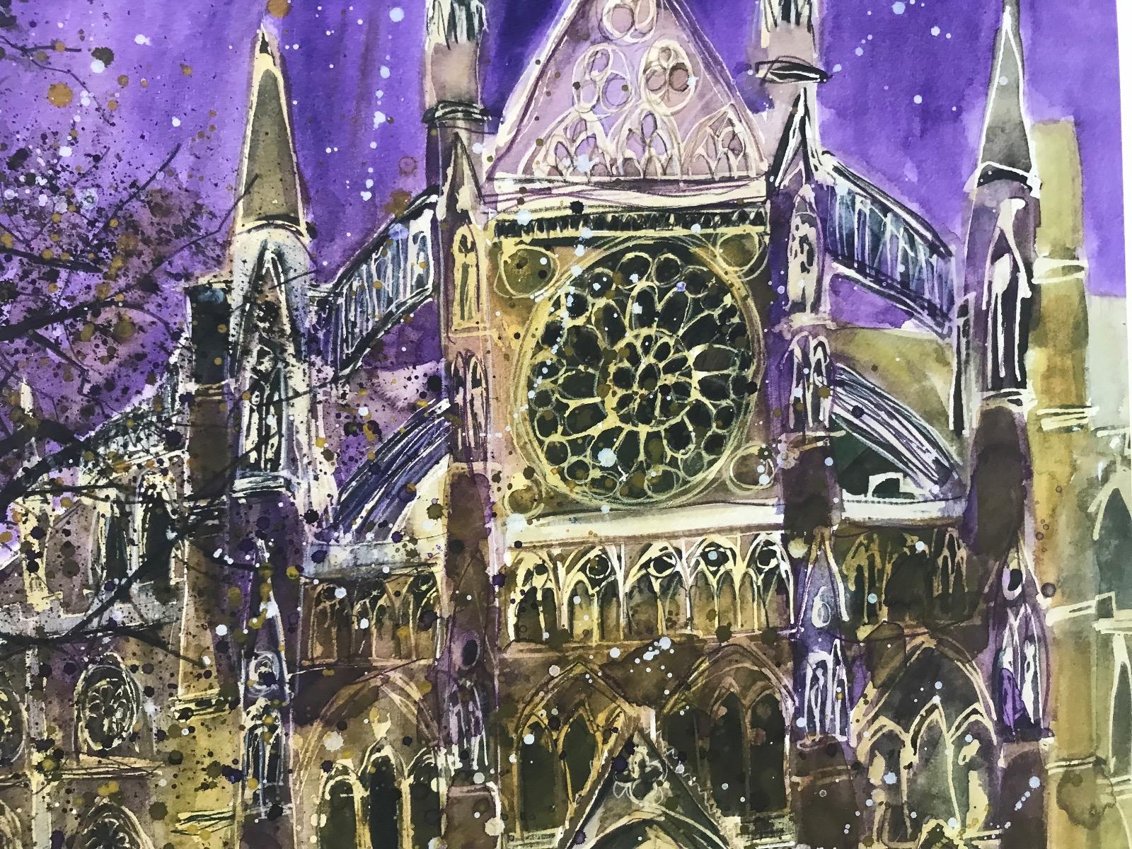 8 Setting for Great Pageants, Westminster Abbey, London is an original giclee print by Susan Brown. Depicting the famous Westminster Abbey on a winters evening. A bright purple sky torches the city. The bare tree provides minimal cover for the